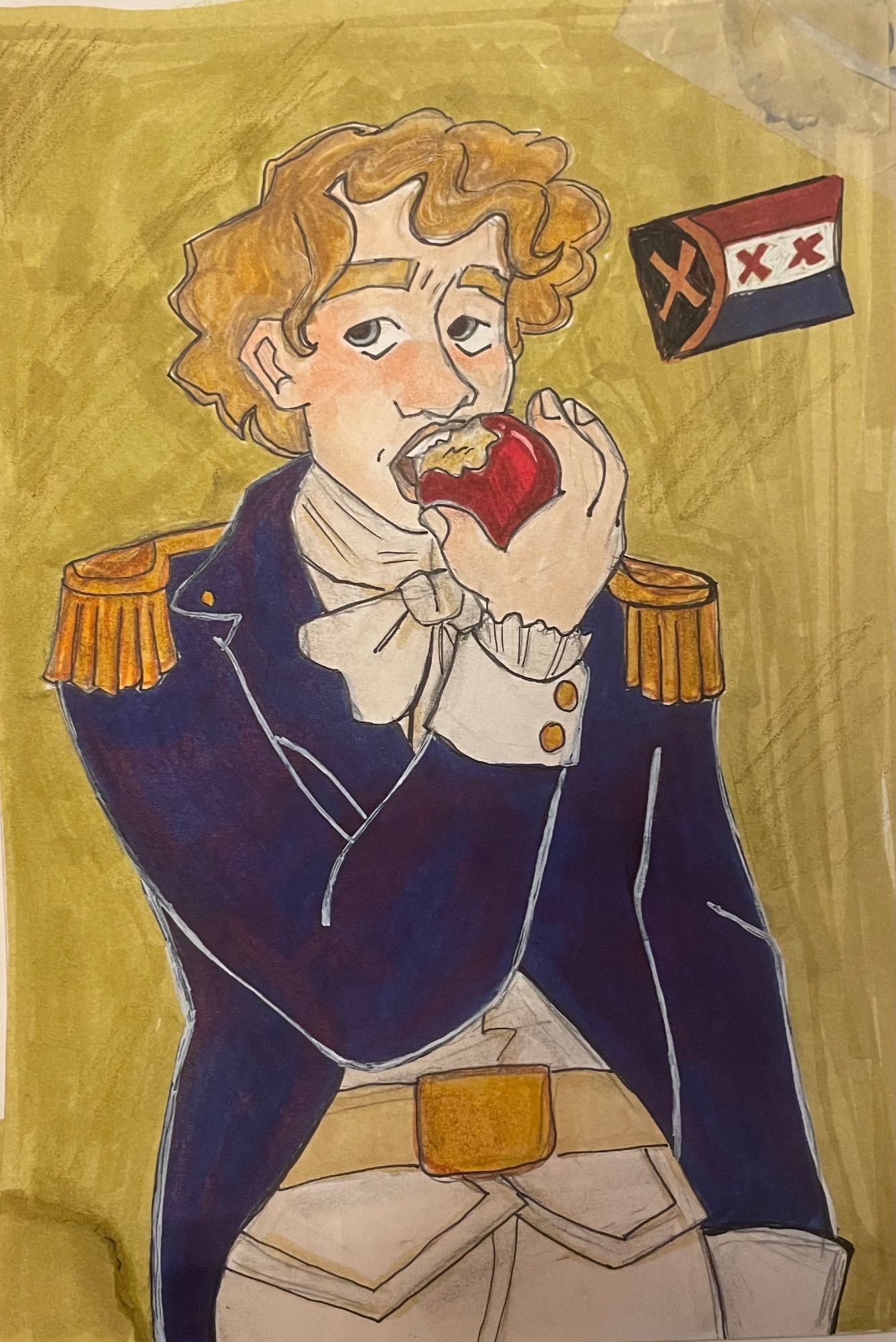 A traditional drawing of character Tommy. He is wearing a navy L’manburg uniform, and is taking a bite of an apple. The background is olive green, with a L’manburg flag in the corner.