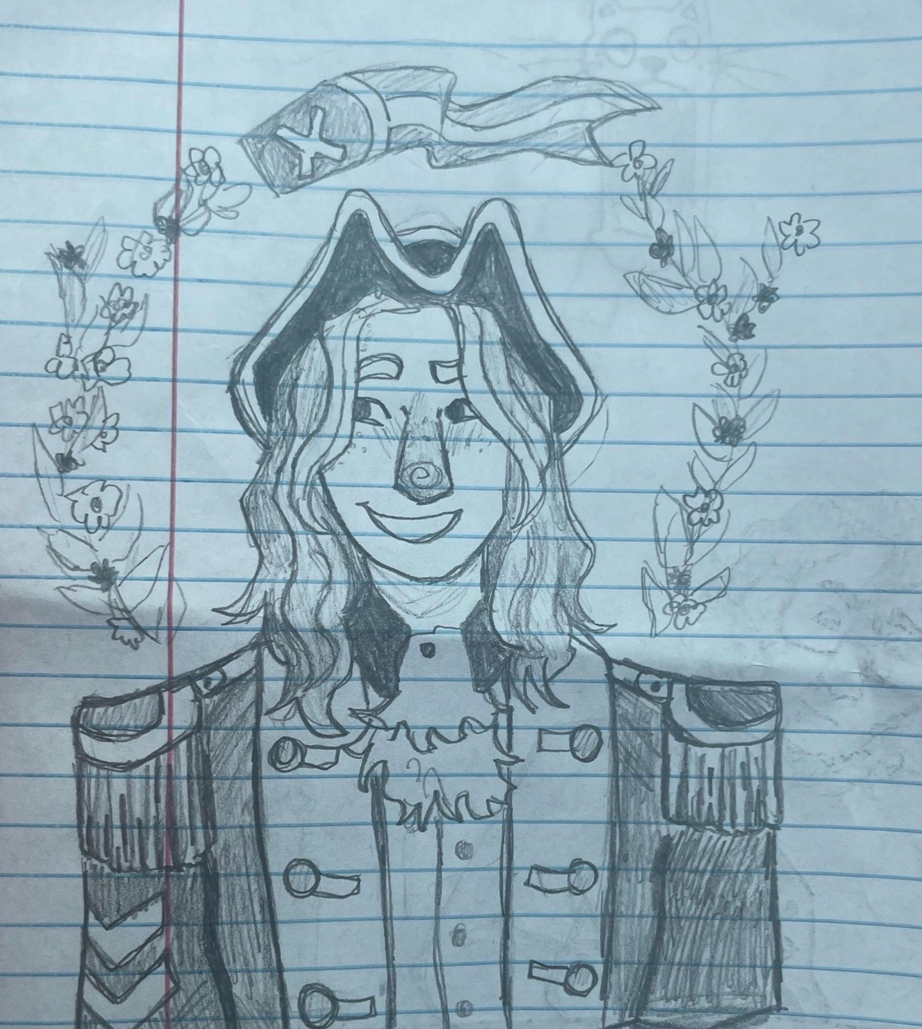 A traditional sketch of character Niki. She is wearing her L’manburg uniform and hat, with shoulder length hair. Her expression is confused and amused. Circling her head is flowers and leaves, with a L’manburg banner above her.