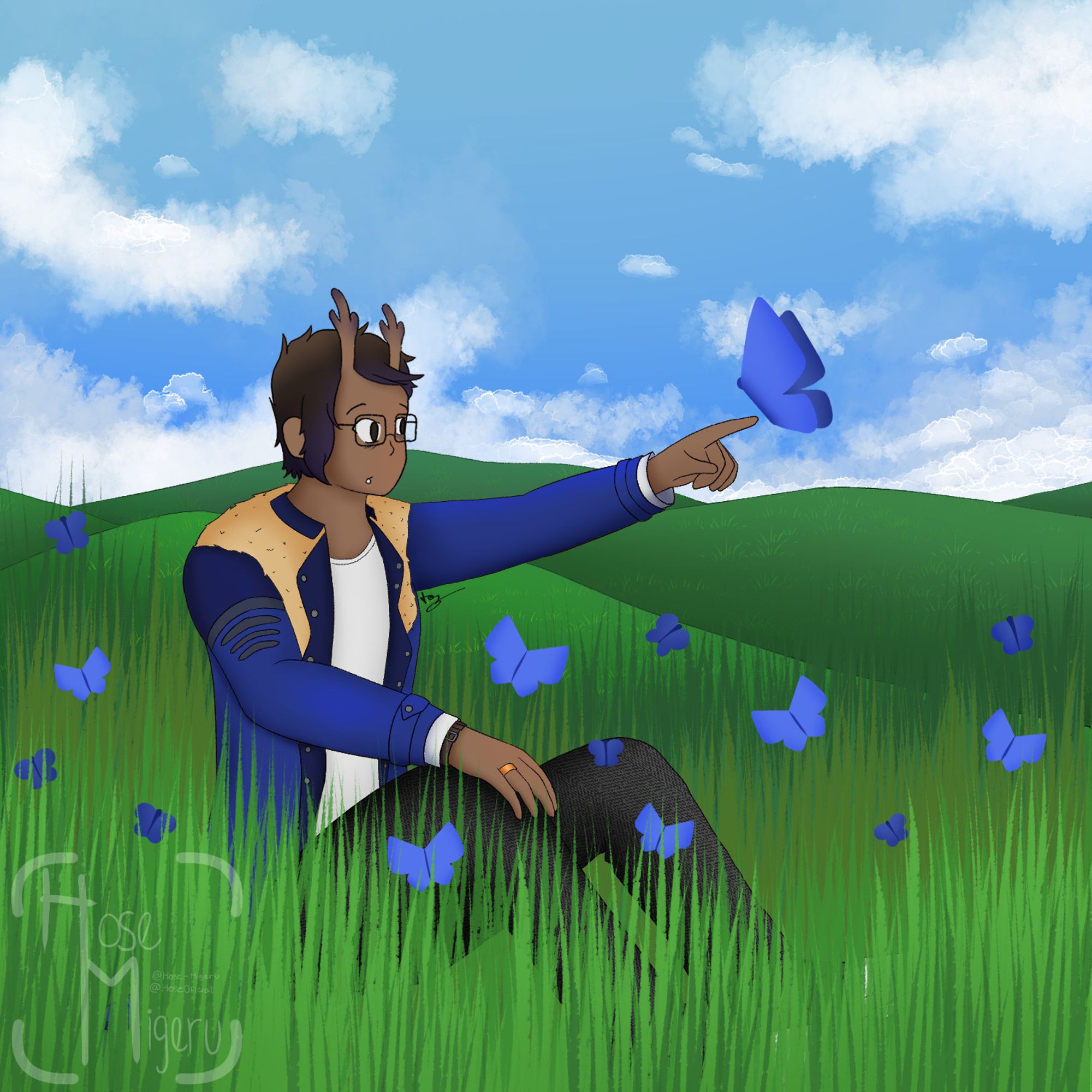 HoseMigeru siting relaxed on a green flied with Mountains at his back, surounded by tall gras and looking at a blue butterfly flying to his hand.