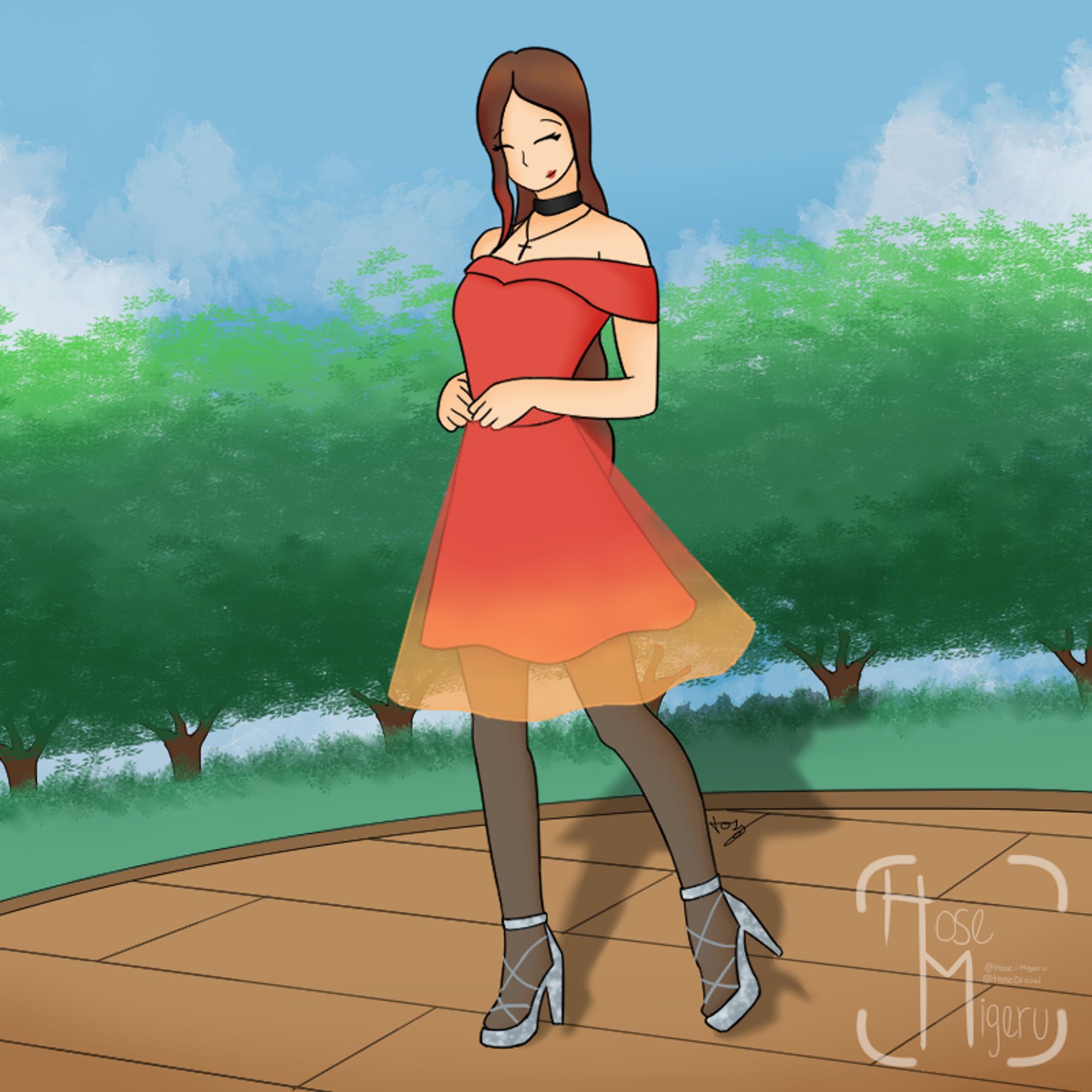 Juliana, using a red party dress whit a long tul on a backyard garden while smiling.