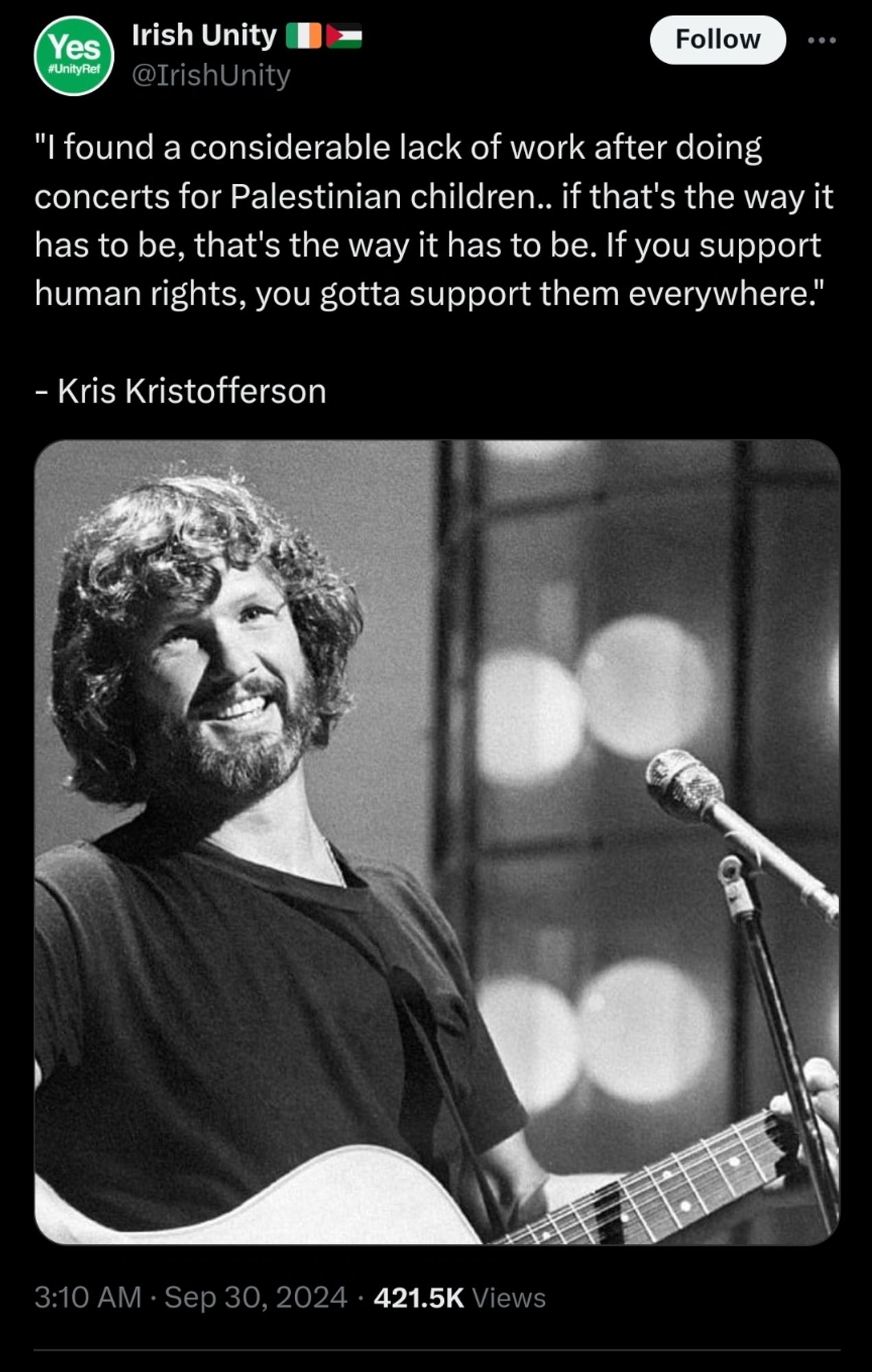 A qoute from kris Kristofferson about supporting Palestine & losing work