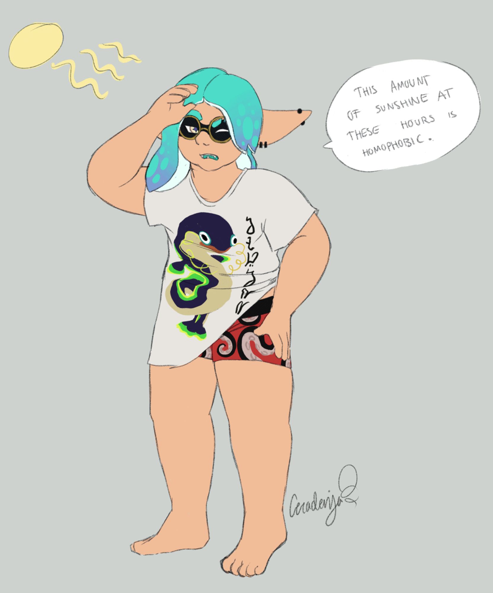 An inkling (splatoon) wearing a white t-shirt with a print of an eel and red boxers, standing and shielding their eyes from the sun. They look disgruntled. A speech bubble reads "This amount of sunshine at these hours is homophobic".