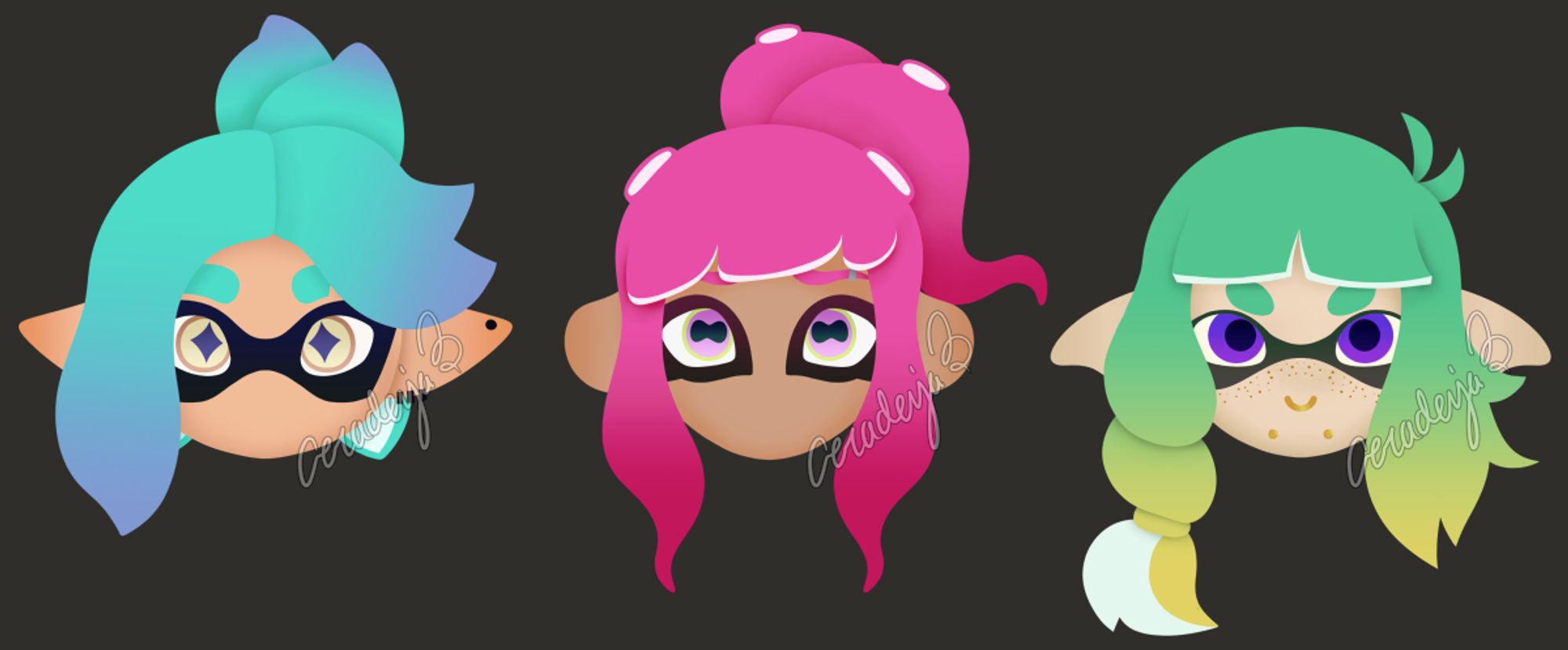 Simple lineless icons of three inkfish from splatoon.