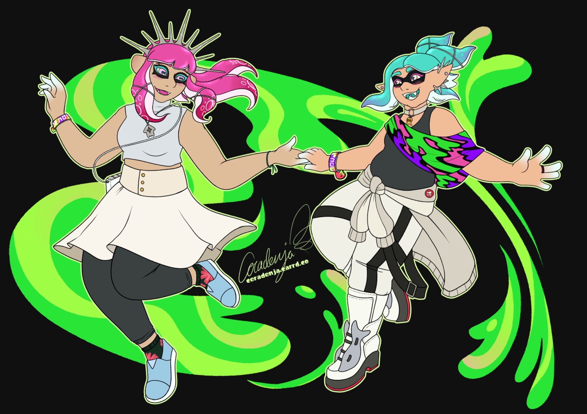 An Octoling and an Inkling holding hands. Both are dressed in mainly monochrome colouring. Behind them is a green swirl of ink.