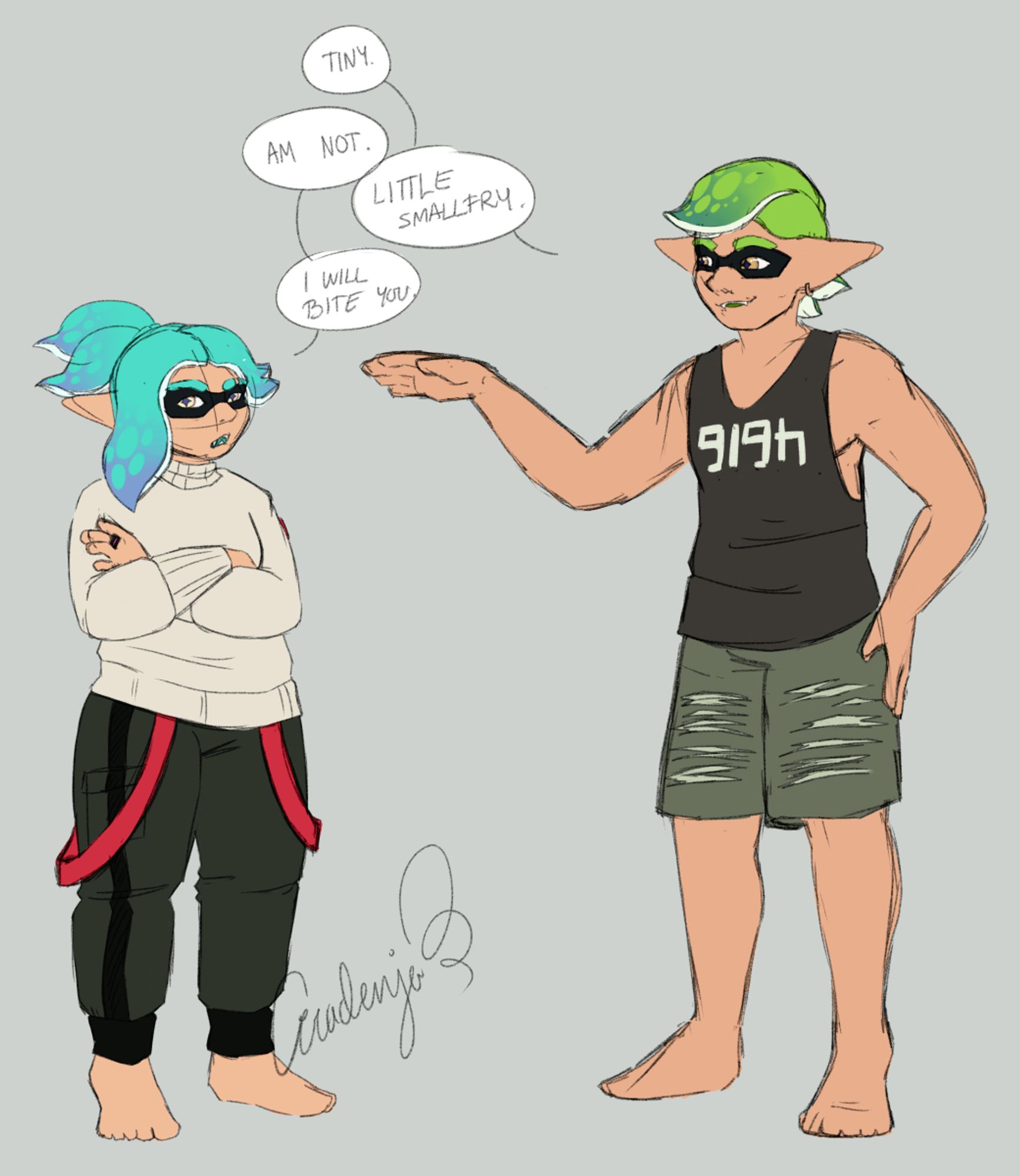 Two inklings (splatoon) standing beside another. The right one with green hair is noticably taller, and holding an arm out to compare heights. The left one with turquoise hair looks displeased. There are speech bubbles with the exchange: "Tiny." "Am not." "Little smallfry." "I will bite you."