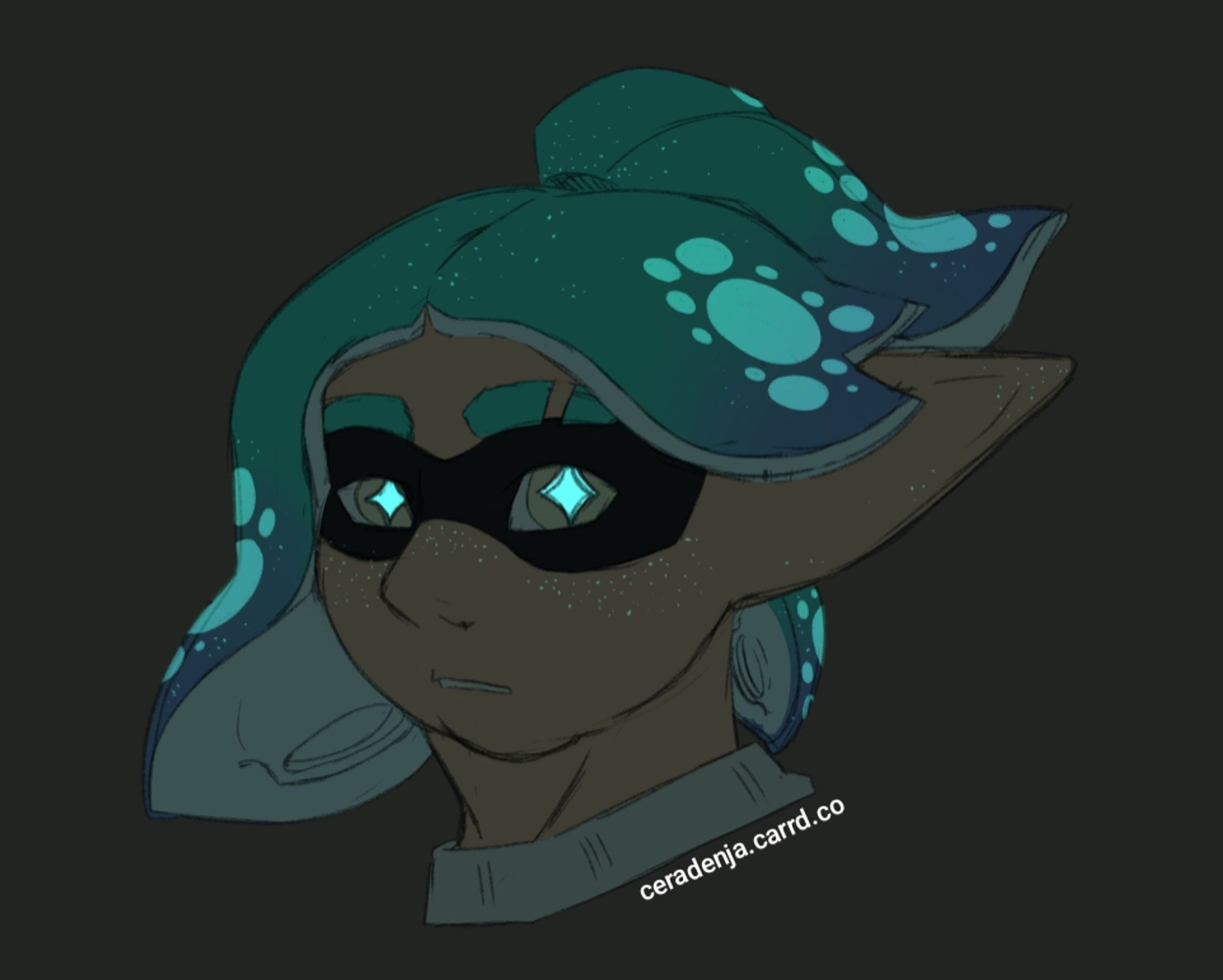 A headshot of an inkling (from splatoon) in the darkness. Their pupils are glowing a bright blue, their hair also has spots that are glowing, along with glowing freckles both on their face and in their hair.