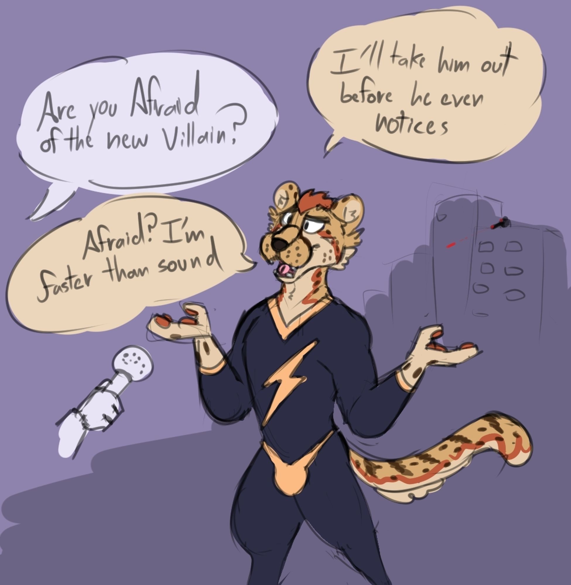 cheetah hero answering questions about a new villain, while a shadowy figure on the building shoots at him with a strange weapon