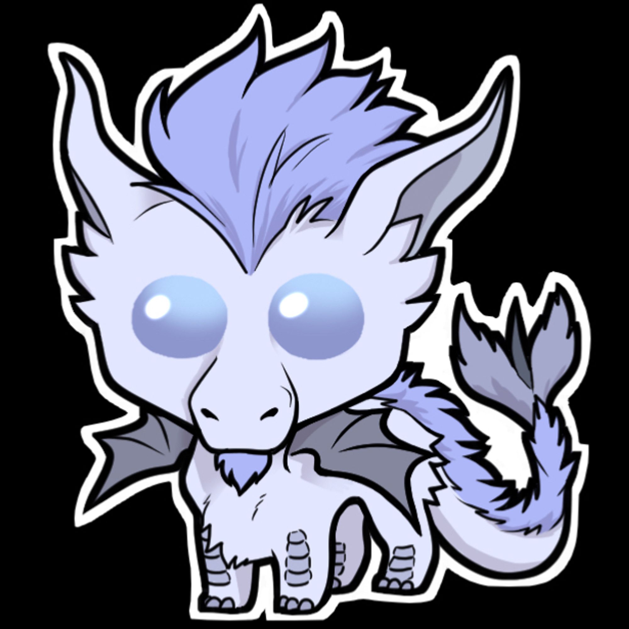 A fuzzy, pale grey dragon drawn with a comically huge head and beady eyes.