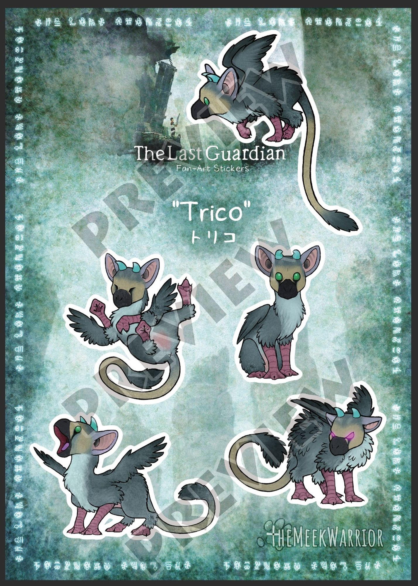 A sticker sheet depicting Trico, a giant four-legged creature with a bird's head, wings, talons, and soft feathers, and the build of a cat. Small aqua horns sprout from the top of his head. He is shown in 5 different curious, neutral, playful, pleading, and angry poses.