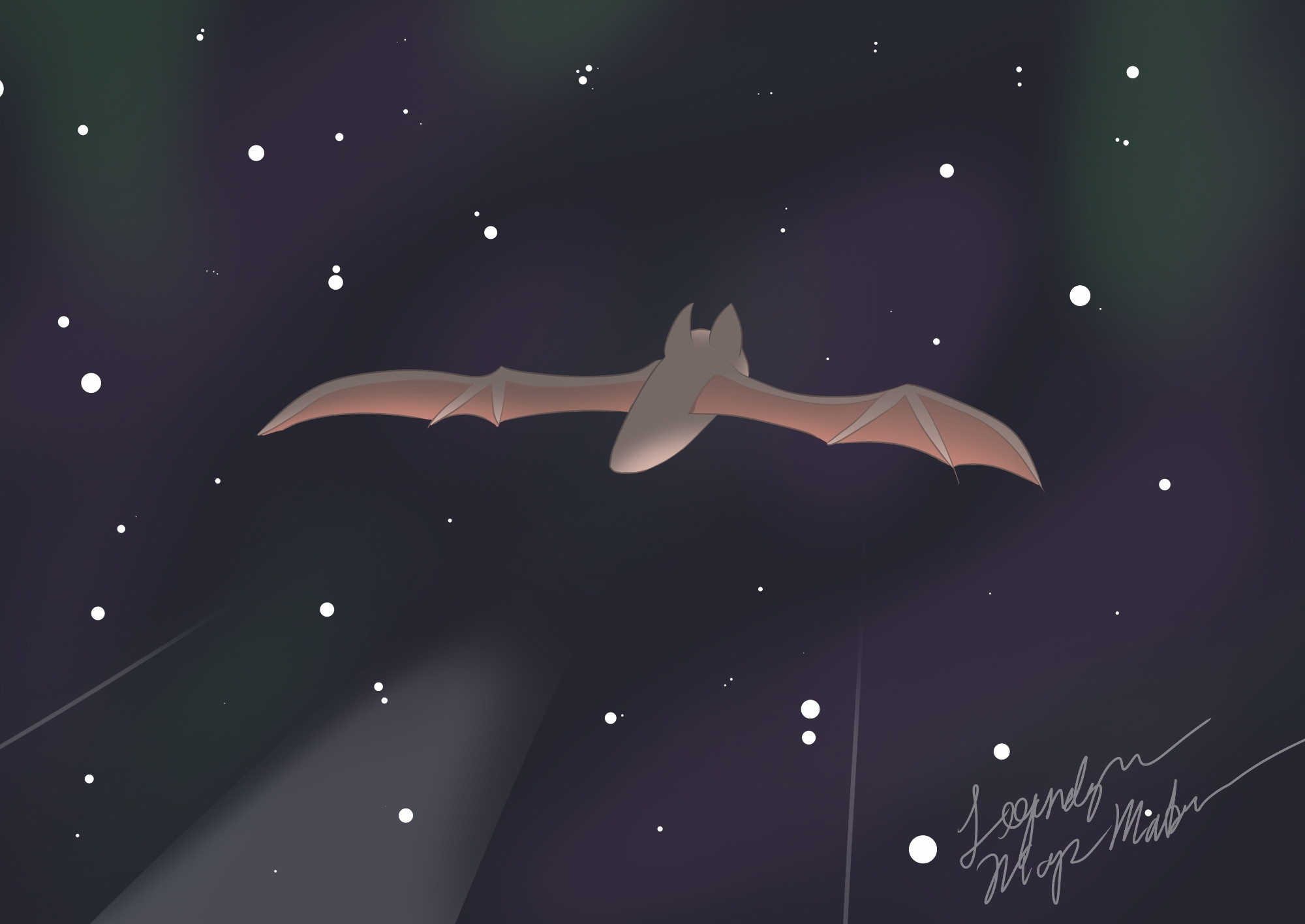 A pink bat-like creature flying through space away from the camera.