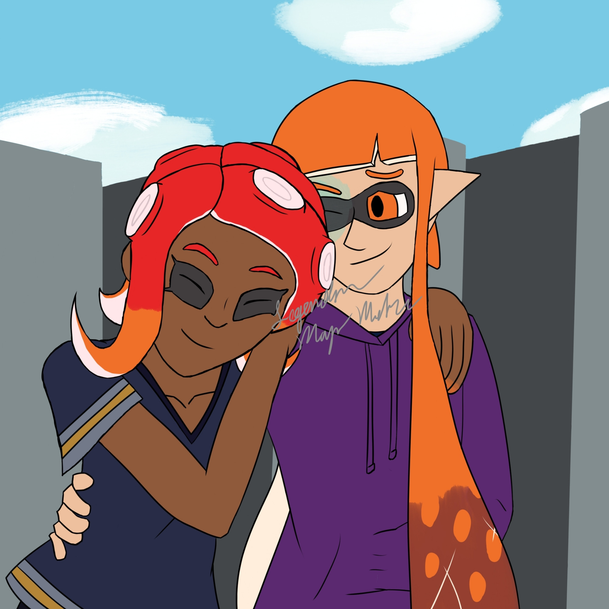 The Captain formerly known as Agent 3 holding onto Agent 8, who is holding them back. They are smiling. They are both dressed in casual outfits (Agent 8 in a dark blue, short sleeved shirt, the Captain in a purple hoodie) and are in the city. The Captain has a teal mark over their right eye.