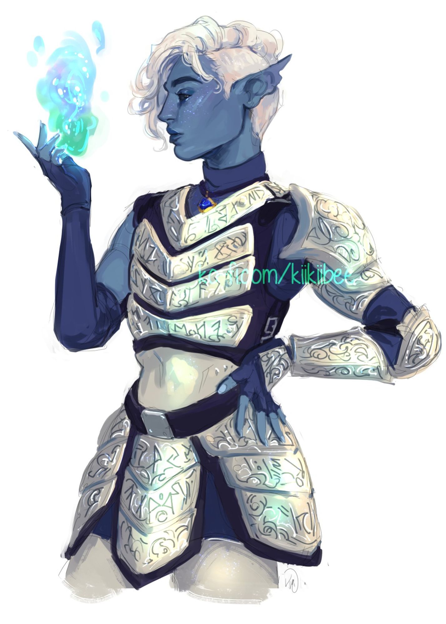 a halfbody drawing of a genasi/dwarven woman with an undercut and in a strange ceramic-like armor covered in dwarven runes