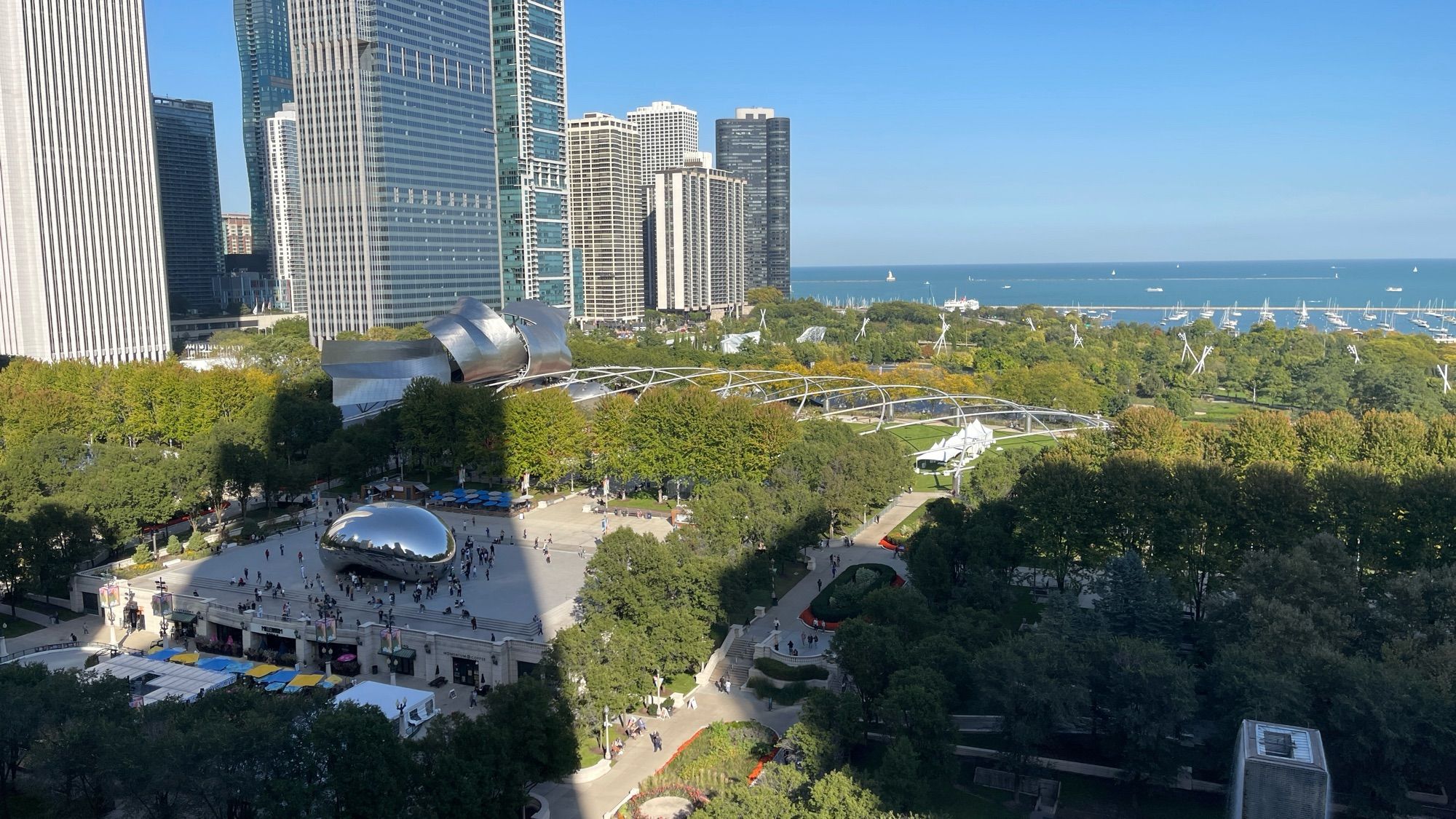 Picture taken from Cindy’s restaurant that over looks Millennium Park featuring the bean to the left and Lake Michigan in the distance