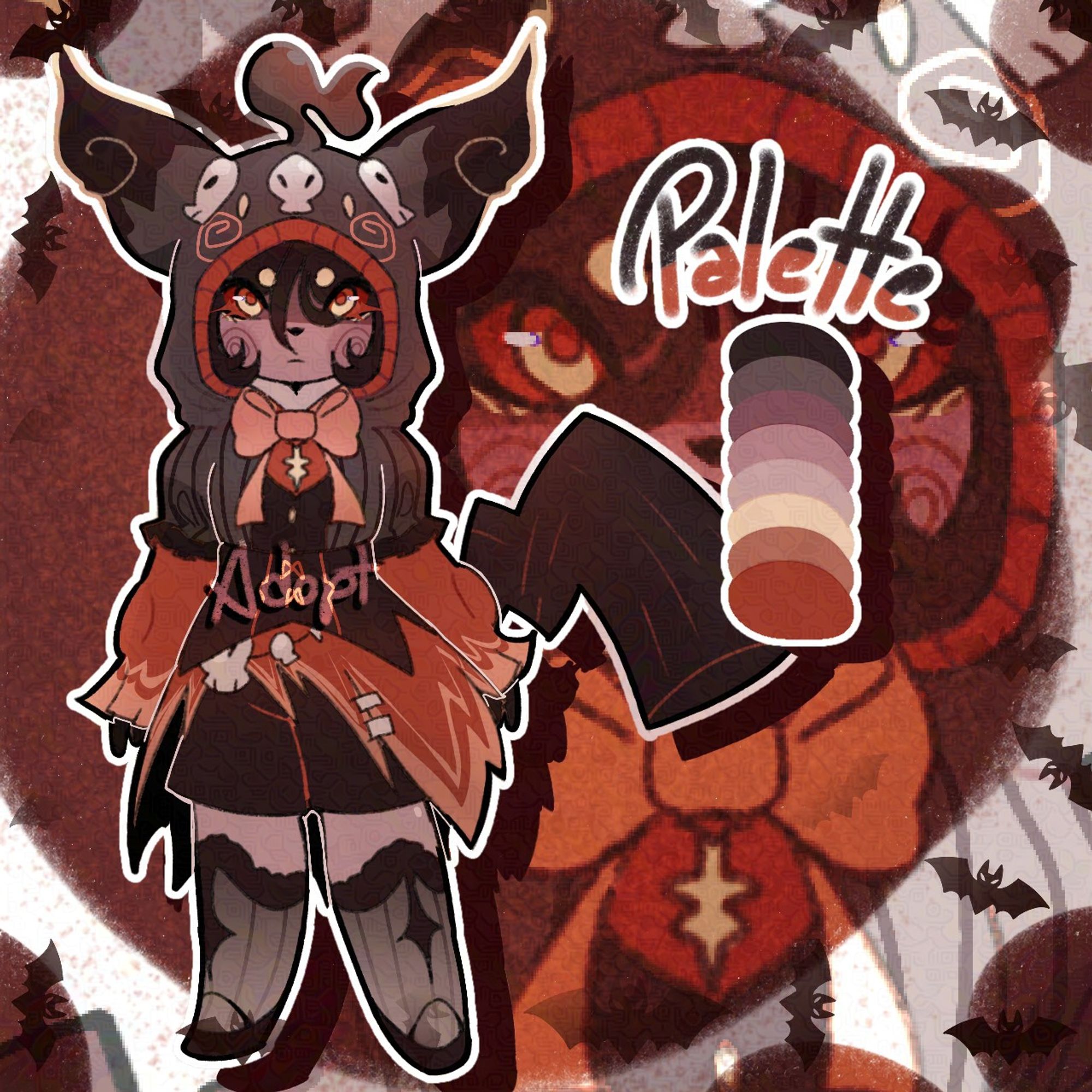 a person dressed in mimikyu clothing, it is full and frilly but at the same time torn, the clothing has black, red and orange details