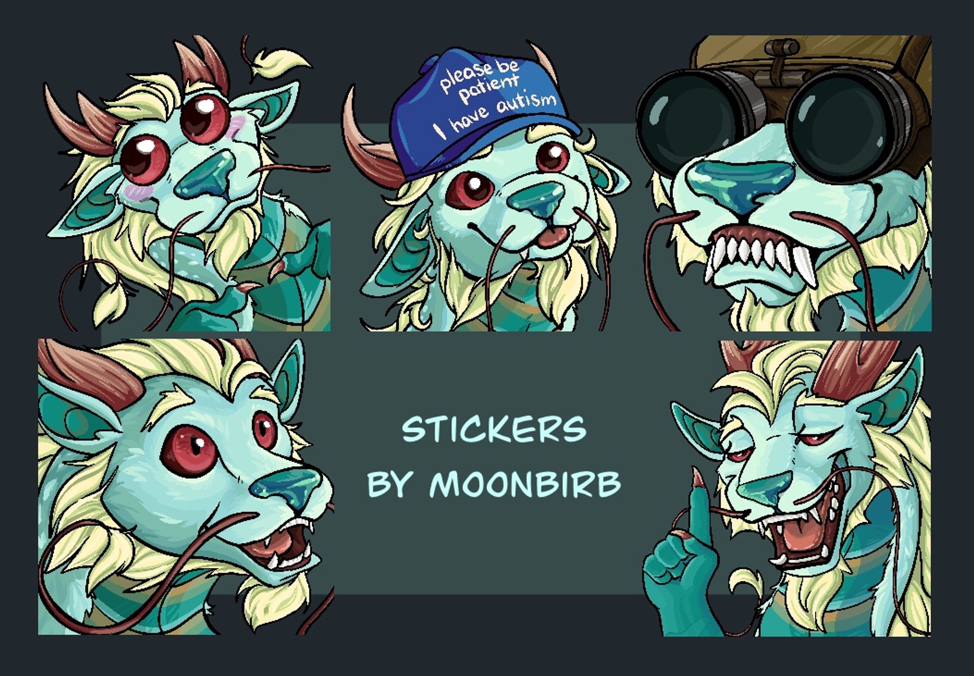 A set of expressive stickers done for an eastern/noodle/luck dragon - A cute “I want something” face, a silly face with an “please be patient I have autism” hat, a goofy expression while wearing binoculars, a pog face, and an “akchually” expression with one hand raised painting up.