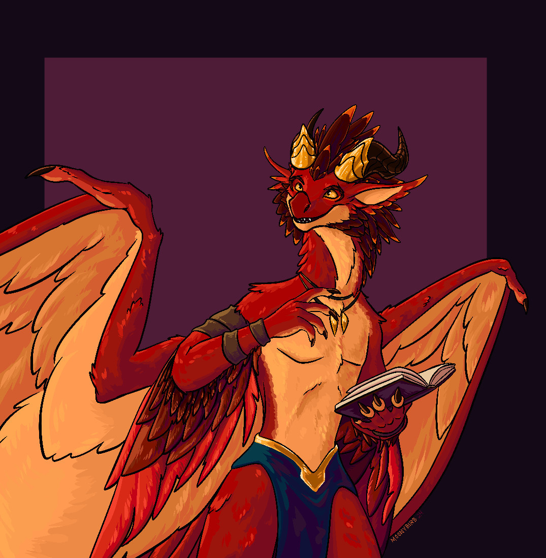 A red and cream/gold feathered anthro dragon-like creature that is very avian-inspired, meant to be an Apexis Arakkoa from World of Warcraft.