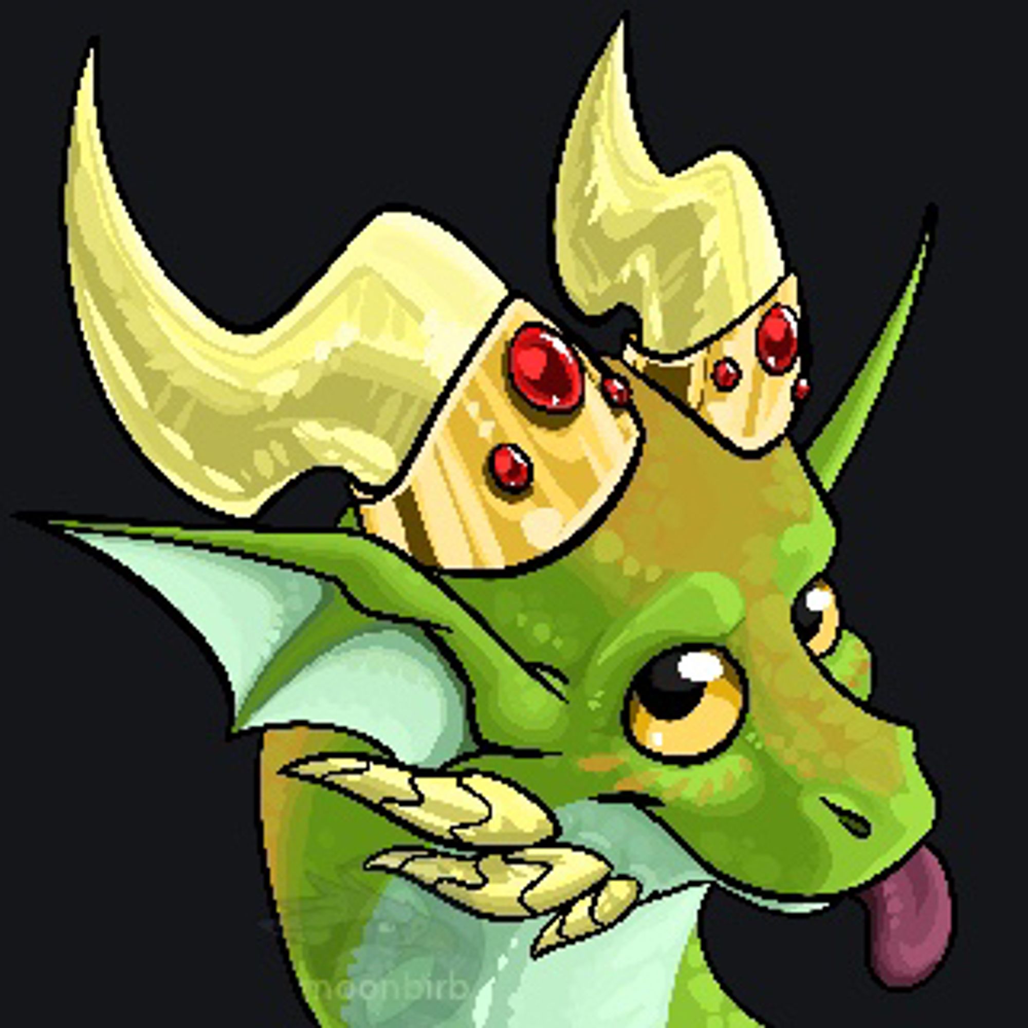 A portrait of a green dragon face with his tongue sticking out.