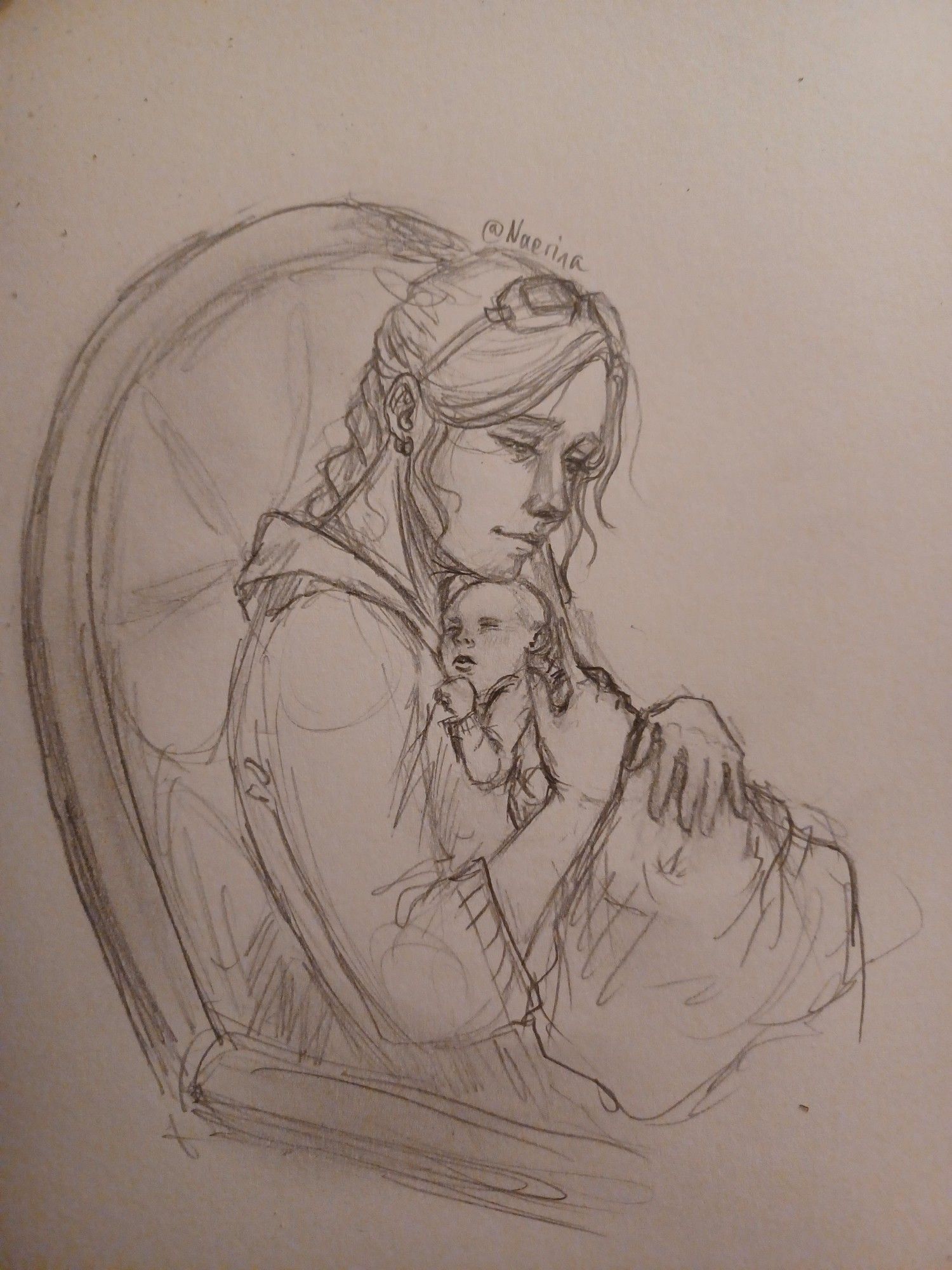 A tired woman holding a sleeping baby, a pencil sketch.