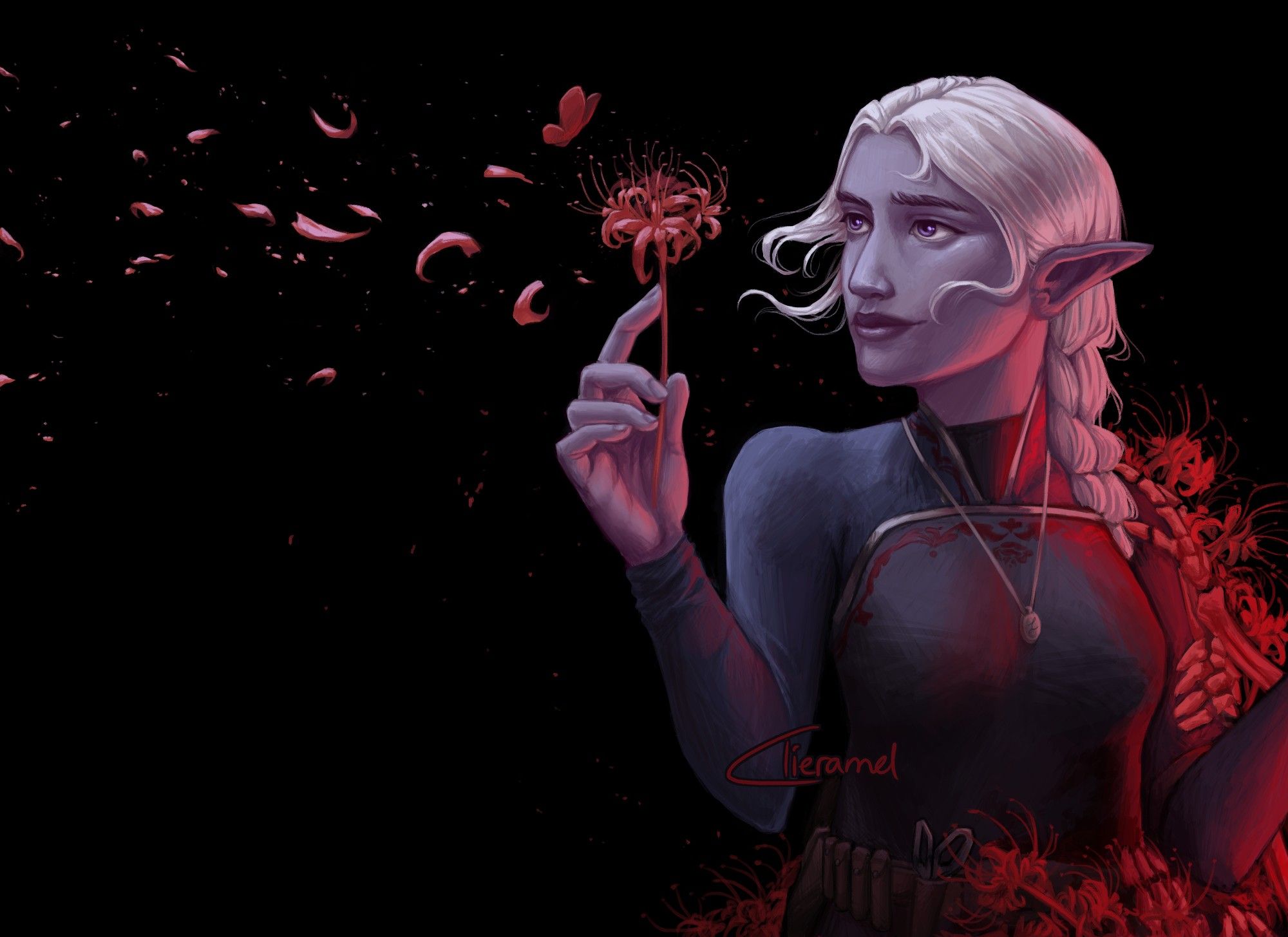 drow woman holding up a spider lily on a black background. Petals are floating away to the left and skeleton hands followed by red light reach for her from the right side.