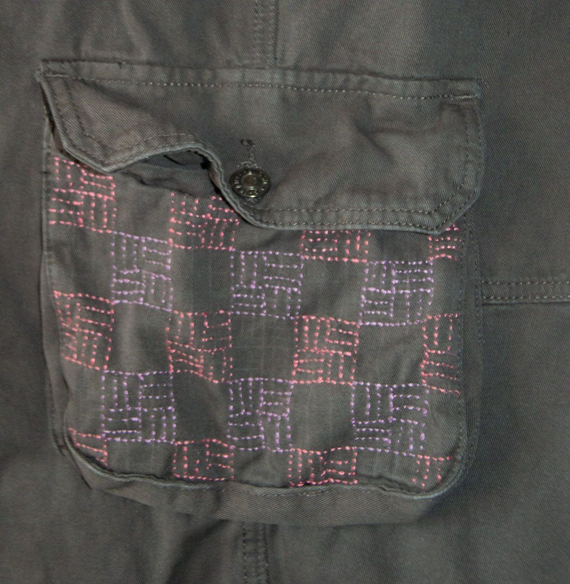 A detail of an embroidery on a overall inspired by the Hirasan-Kuzushi pattern of the Japanese Sashiko style