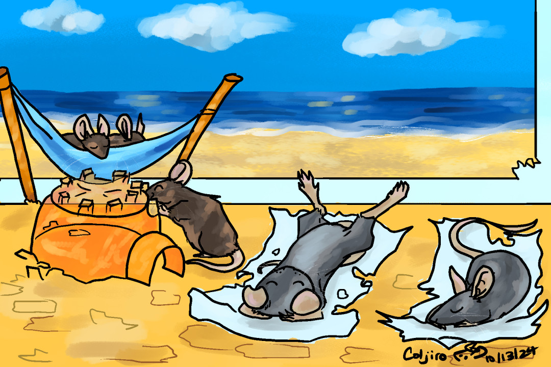 A drawing of a group of mice lounging in a cage. The bedding floor is aspen wood. All five mice are dark fur colored with some pattern. Starting on the left side: Two mice are sleeping on a small hammock that is tied to two wooden sticks that are halfway buried into the bedding. There's a mouse in front of them putting wood shavings onto an orange colored Kaytee Igloo as if its a sand castle. On the right side are two dark grey mice with light grey bellies lying down on two small crumpled pieces of white paper, mimicking lying down on a beach blanket. One of them has their bellies exposed and legs stretched out while the other is more rolled slightly to the side. Behind the mice is a backdrop of a beach with three clouds that is a picture attached to the cage tank wall. There's a chewed up corner on the bottom right that is missing. 