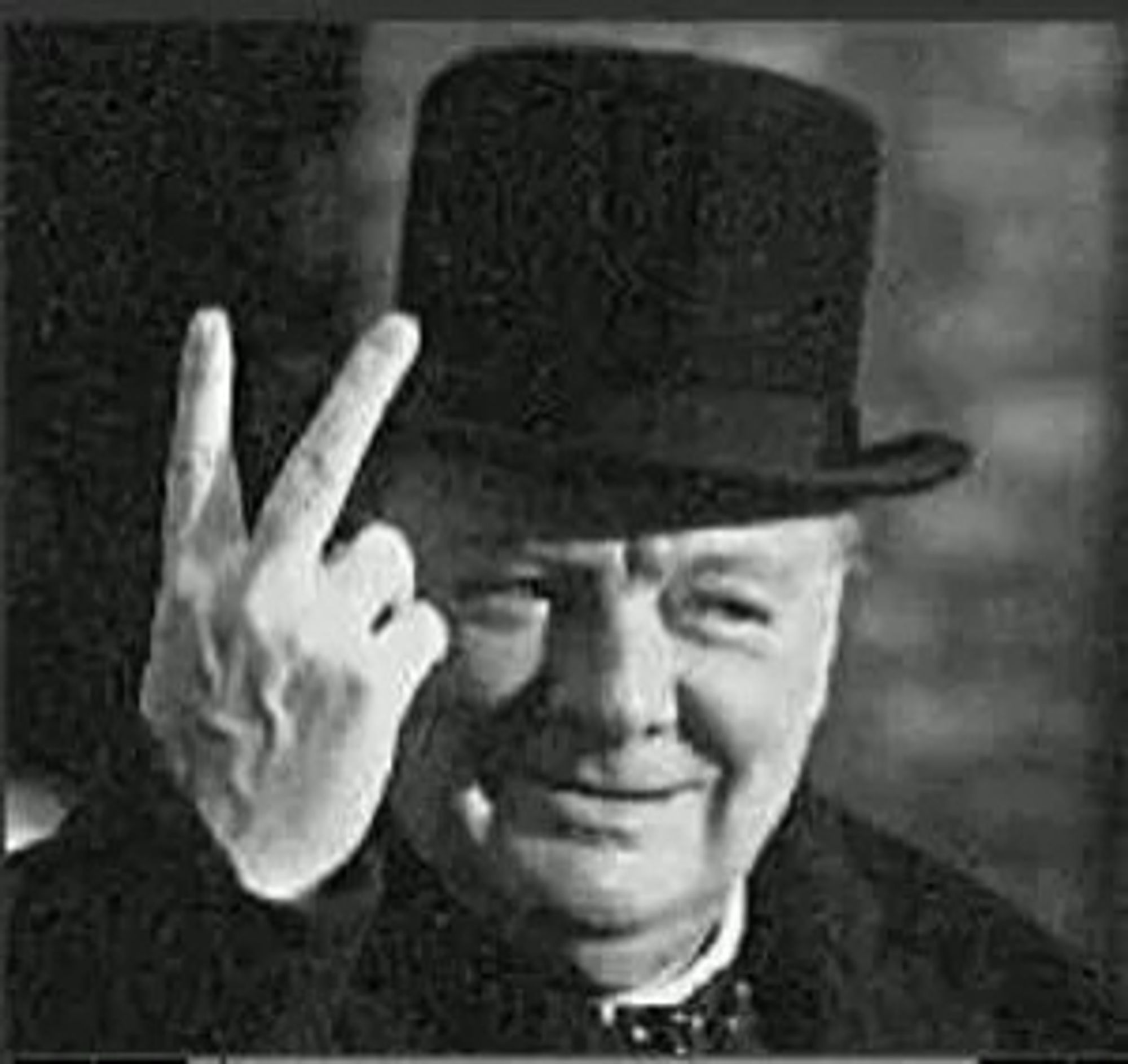 Churchill making the offensive V sign with his index and middle fingers