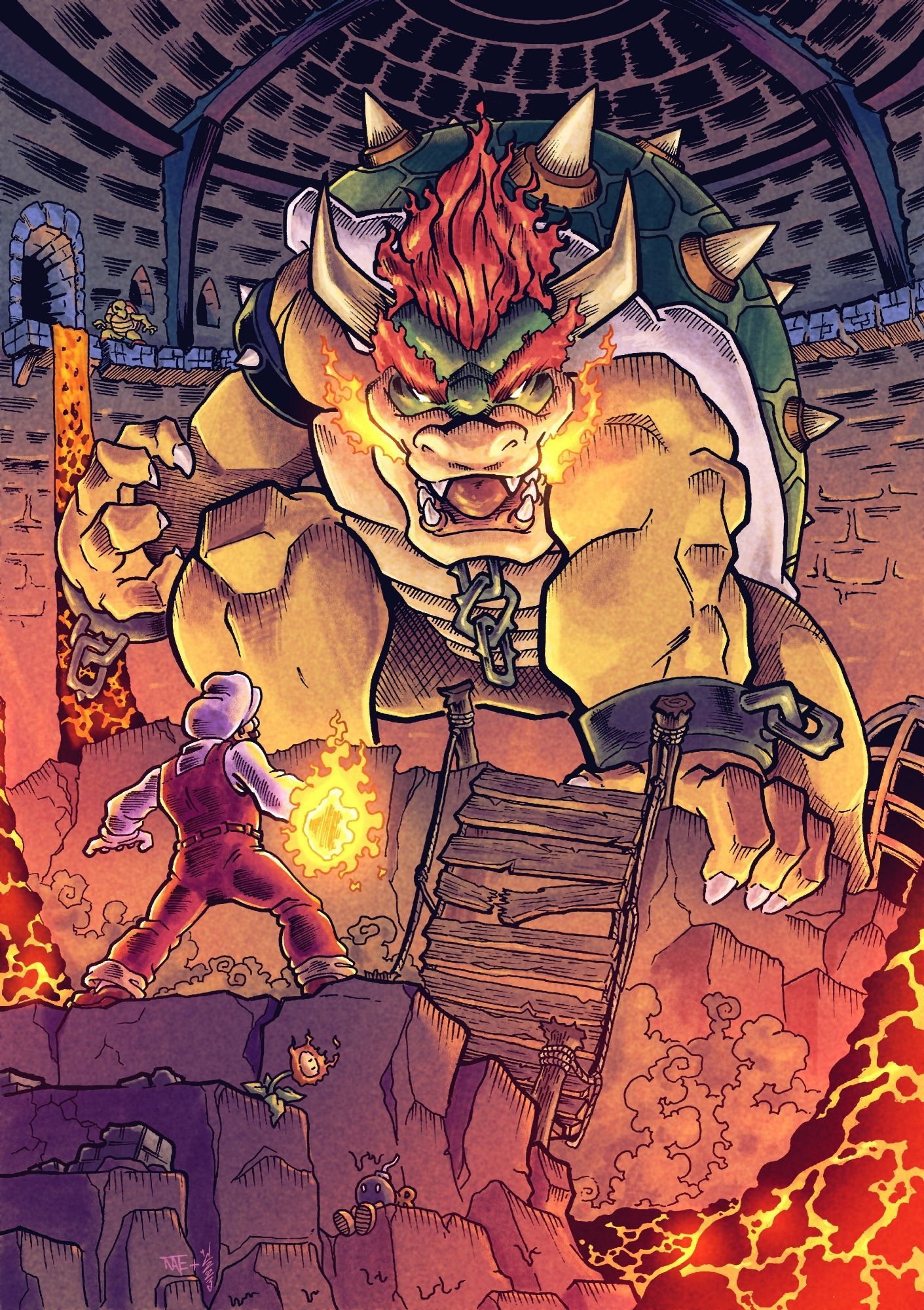 An illustration of Mario encountering Bowser in a lava-filled chamber, by me. Coloured by Winston.