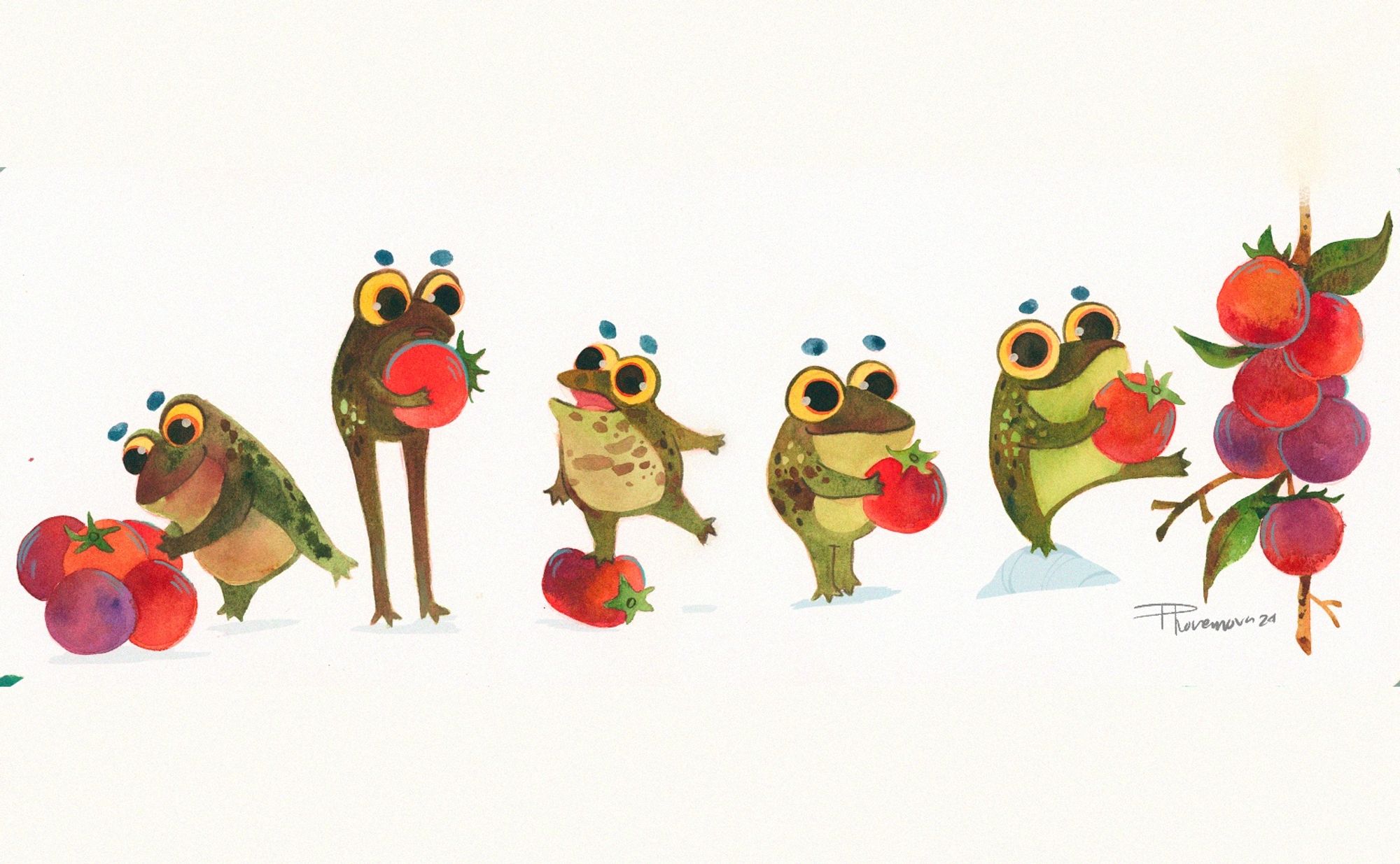 Line up of frogs in Watercolor