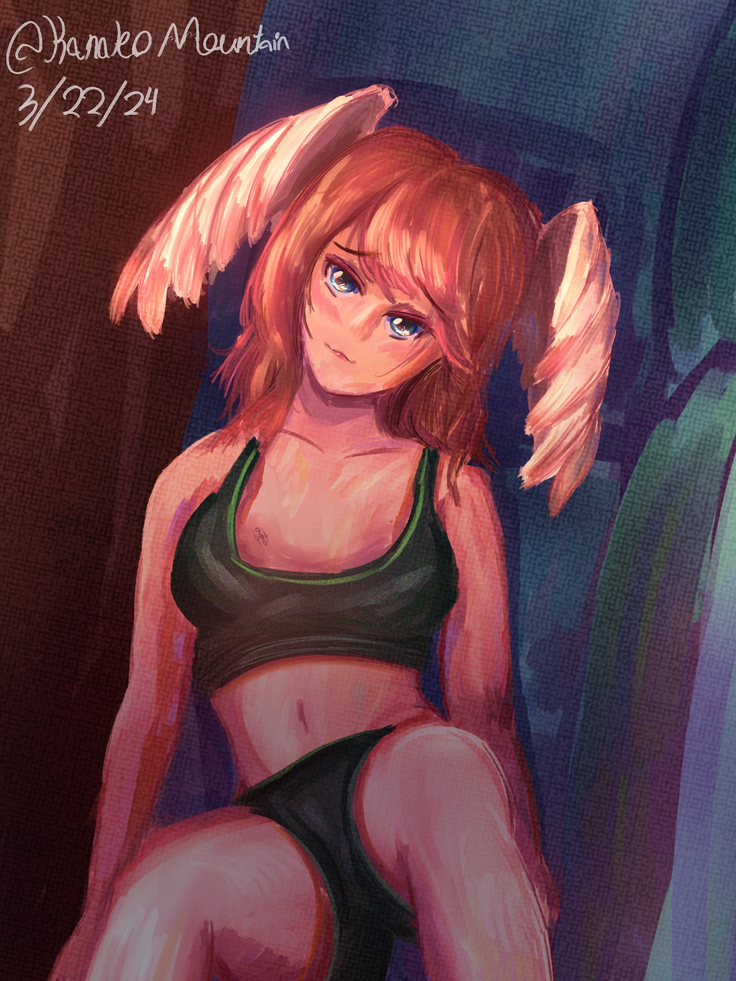 Eunie from Xenoblade Chronicles 3 laying on a couch, wearing a sports bra and shorts