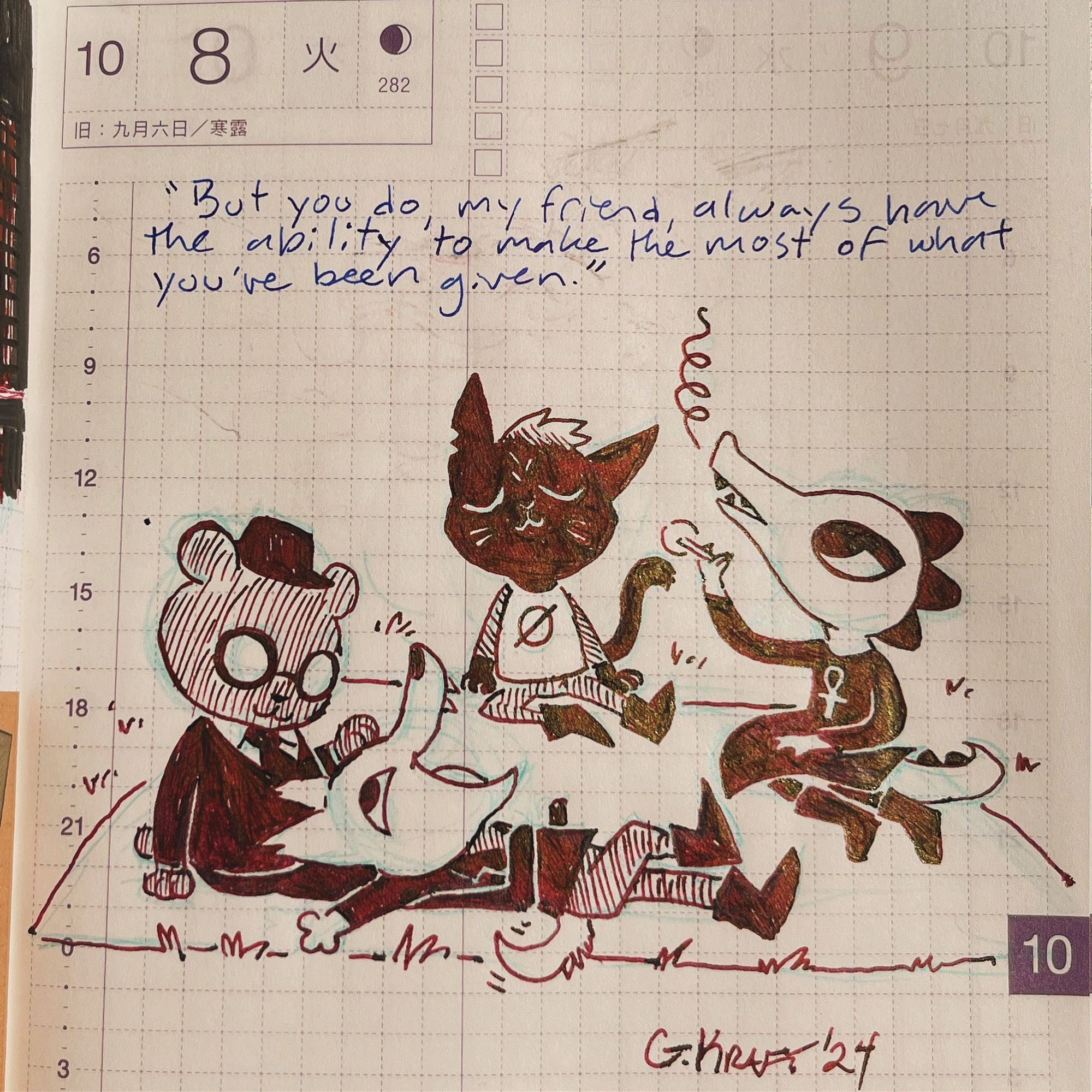 A pen drawing on a Hobonichi page of Mae, Bea, Gregg and Angus sitting on a picnic blanket. Gregg is casually lounging on Angus’ lap, who is smiling and petting Gregg’s face. Bea is looking pensive while holding a cigarette, a puff of smoke leaving her mouth. Mae has her eyes closed and is savoring the moment as a breeze flows over her.