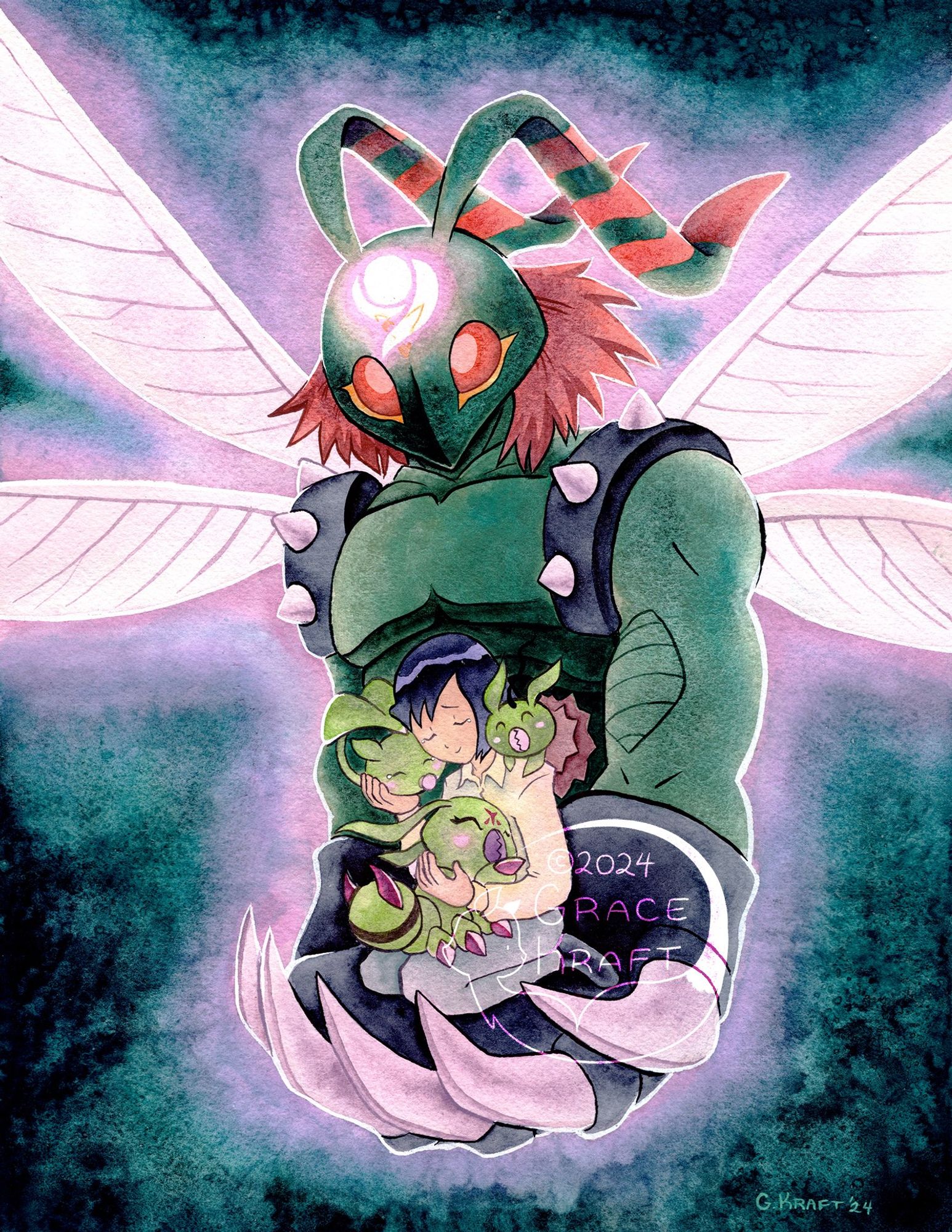 A watercolor painting of Stingmon holding Ken in the palm of his claw, Ken is hugging Wormmon, Minomon, and Leafmon and smiling.