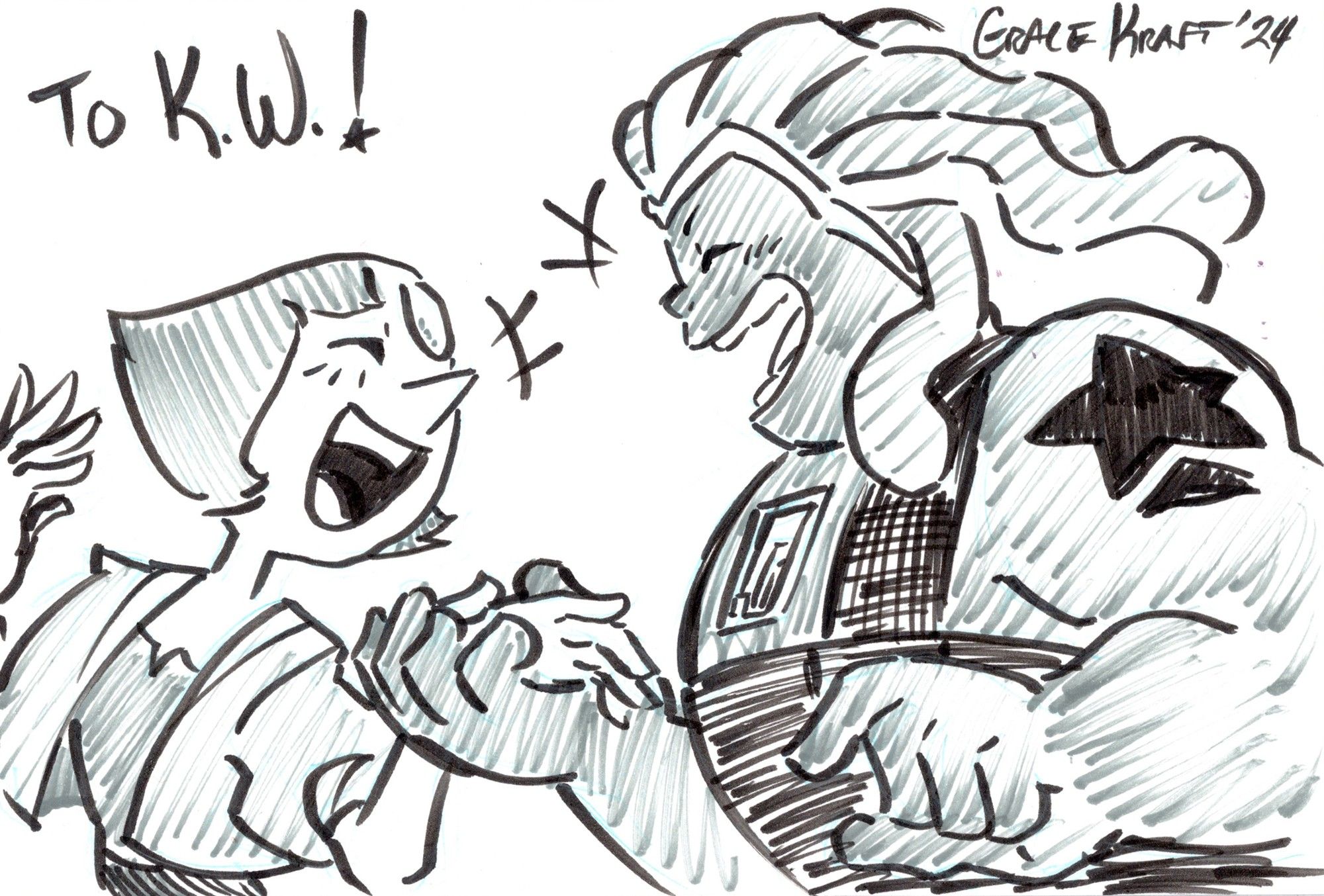 A pen sketch of Pearl and Bismuth from Steven Universe. They are smiling and enjoying each other's company, blushing and laughing, Pearl's hand in in Bismuth's.