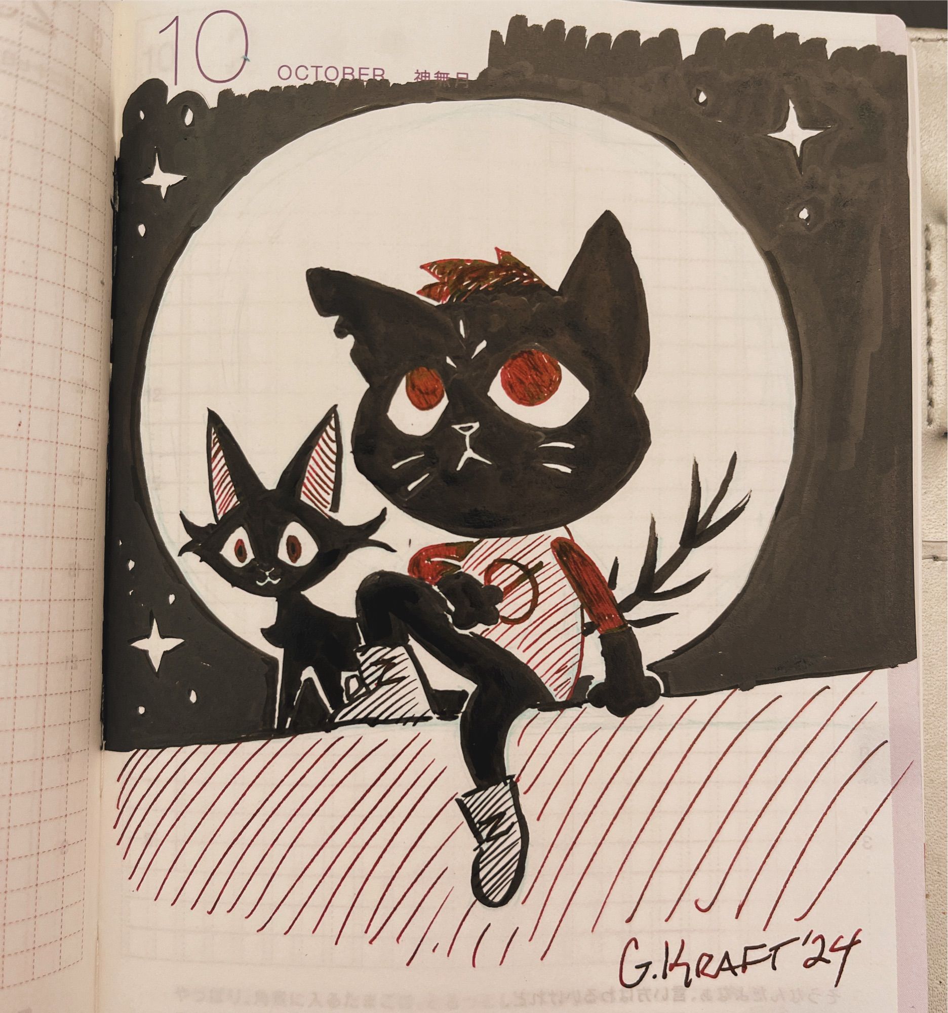 An ink drawing of black cats Mae Borowski and Trouble in front of the full moon in the night sky