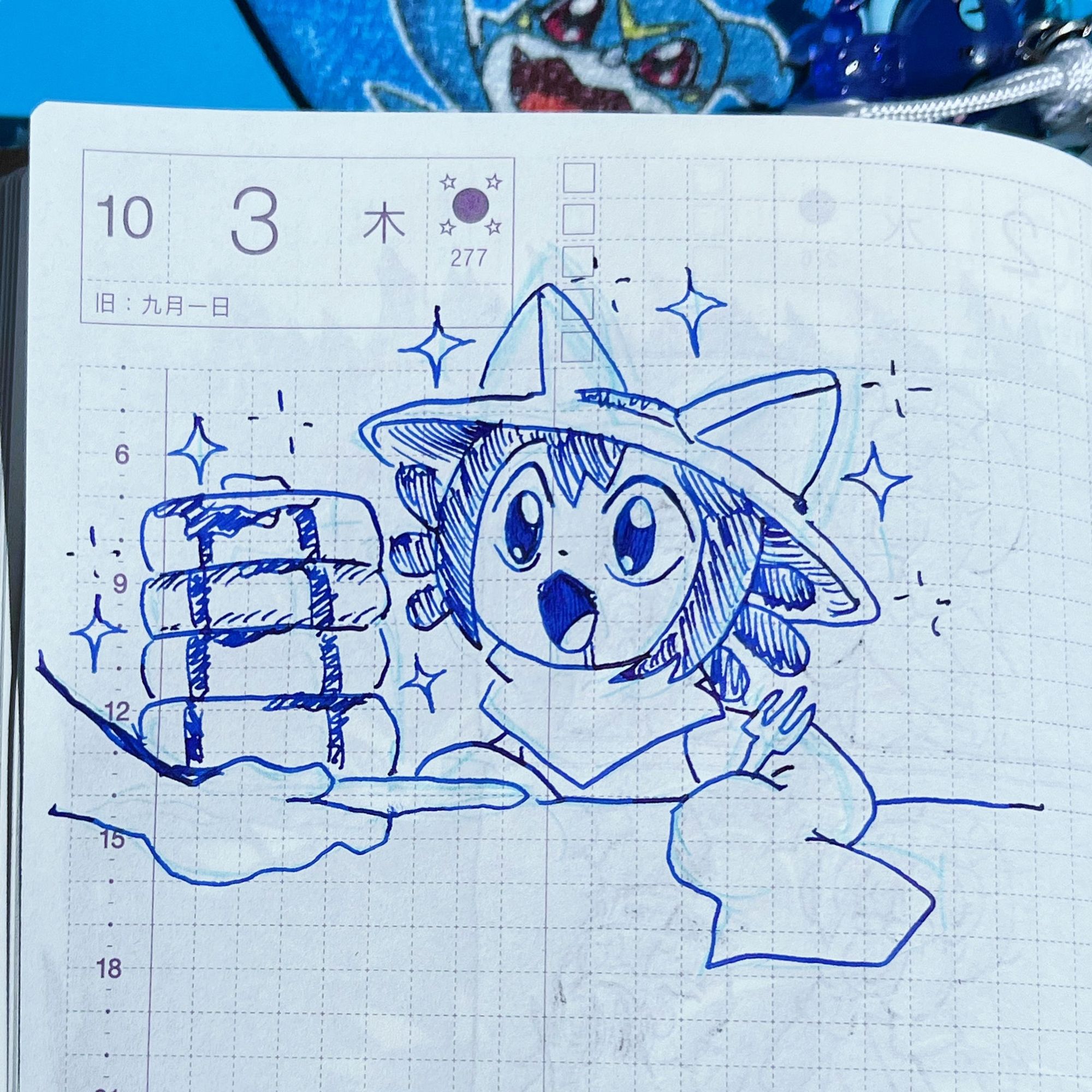 An ink drawing of Niko gazing with sparkling eyes and drooling over a fluffy stack of pancakes being carried by someone’s hand