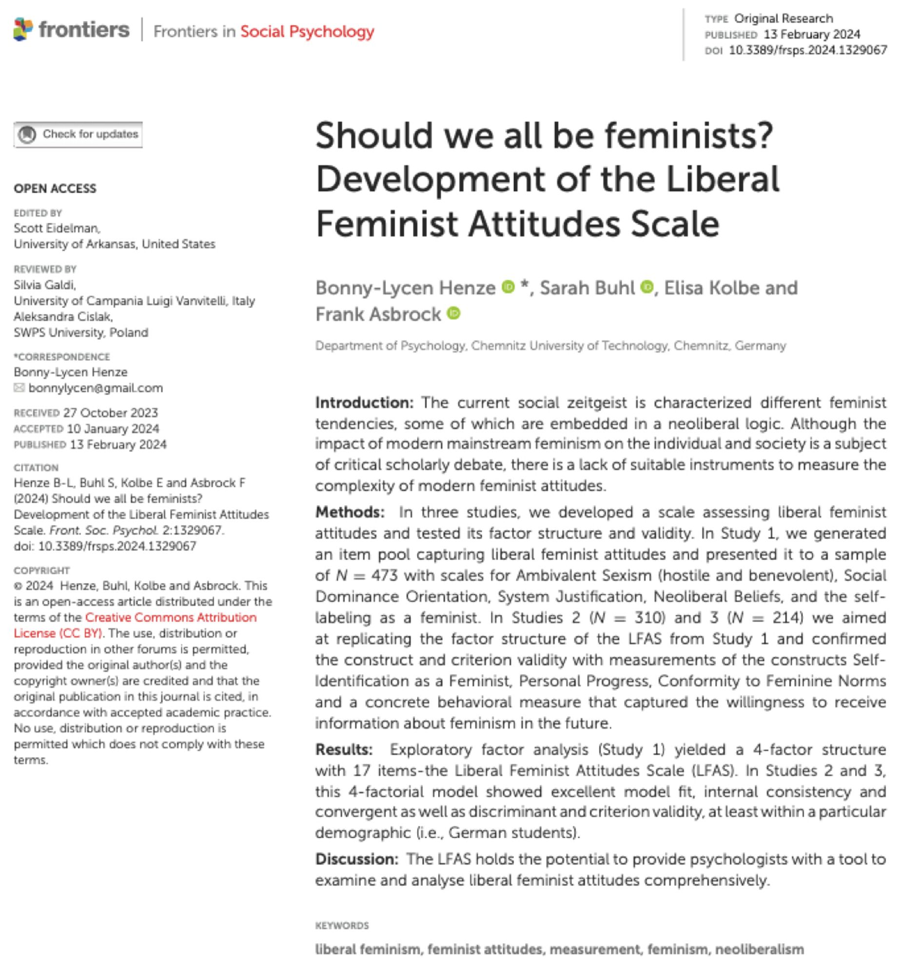 Title page of the paper „Should we all be feminsists?“ by Bonny Henze and others