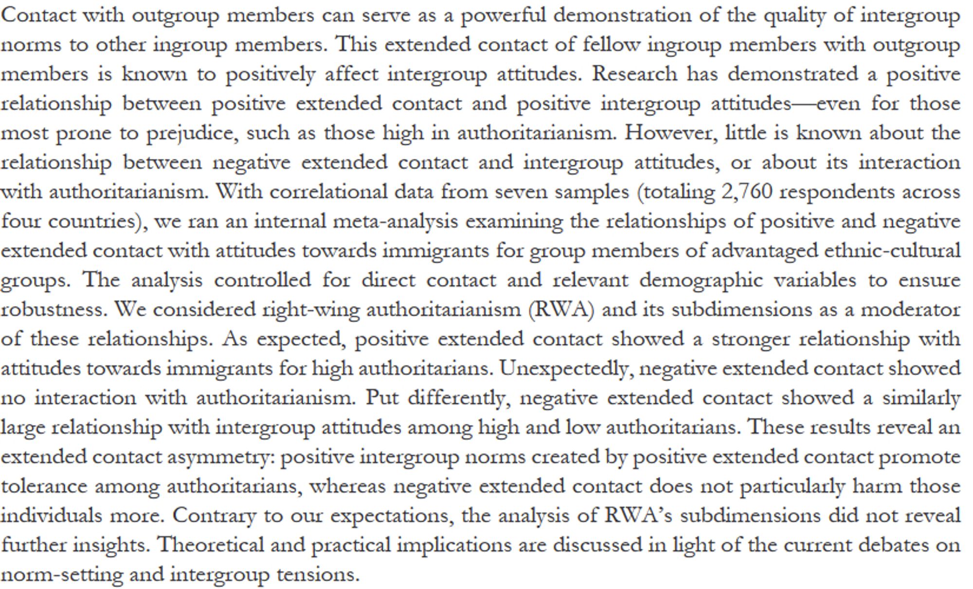 Abstract of the paper "The extended contact asymmetry: Authoritarians benefit more from positive but do not suffer more from negative extended intergroup contact" by Pollmanns and Van Assche