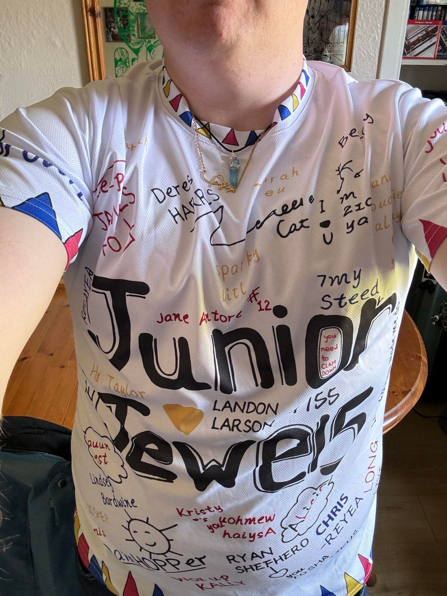 Me wearing my Junior Jewels t-shirt like the one worn by Taylor Swift in the You Belong With Me Music video and my Taylor signature gold necklace as well as my blue crystal necklace 