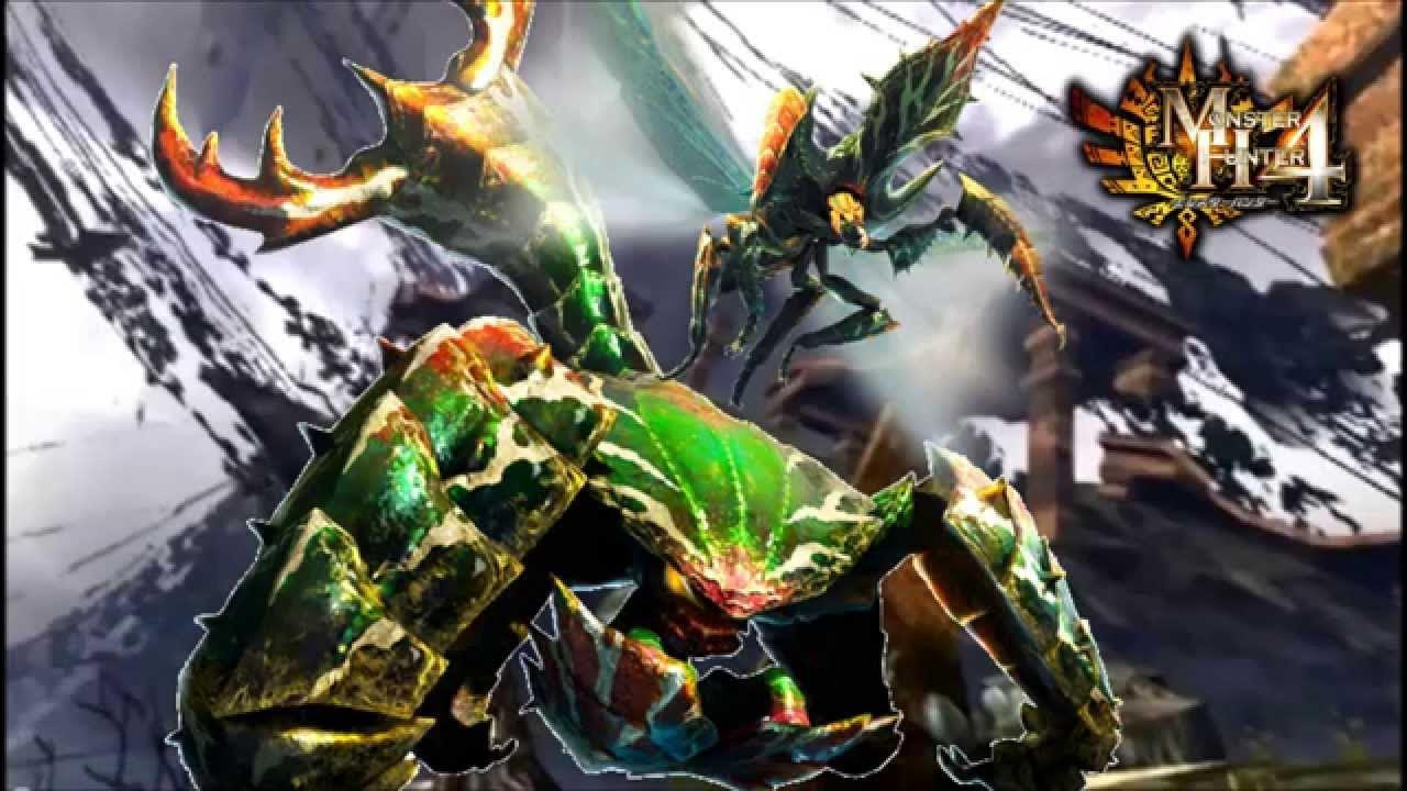 Two giant bug monsters from the game Monster Hunter 4, the Seltas, a flying, beetle like creature, and the Seltas Queen, a much larger beetle like creature with a pincer tail. Both monsters share the same green and orange colour scheme, and are placed over a white and grey background. The Monster Hunter 4 emblem fills the upper right corner of the image.