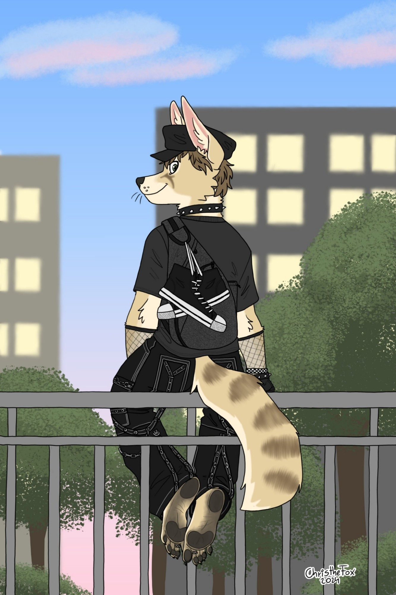 An anthro fennec fox wearing the alt-style clothes and no shoes (with his bare feet dusty and dirty).