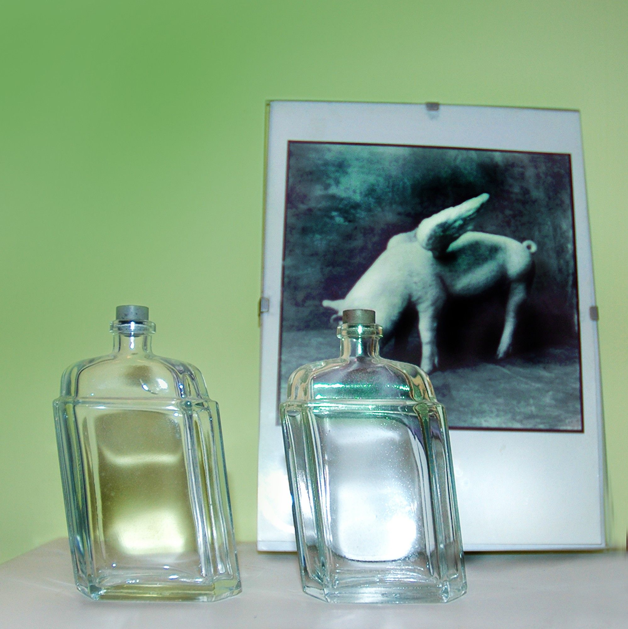 photograph of two small bottles that lean to the left in front of a framed postcard of a pig with wings. on yellow-green background