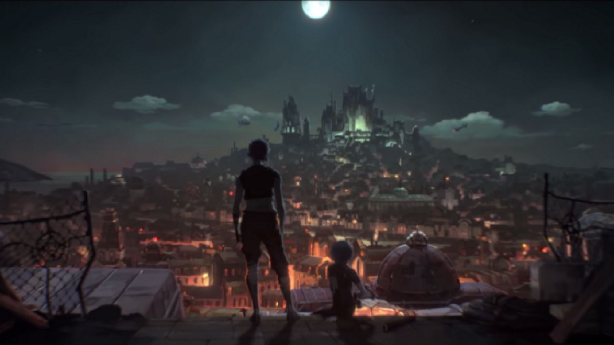 Characters Vi and Powder are shown from their backs looking out from a rooftop. They gaze over the wealth of the city of Piltover from the edge of the poverty of Zaun.