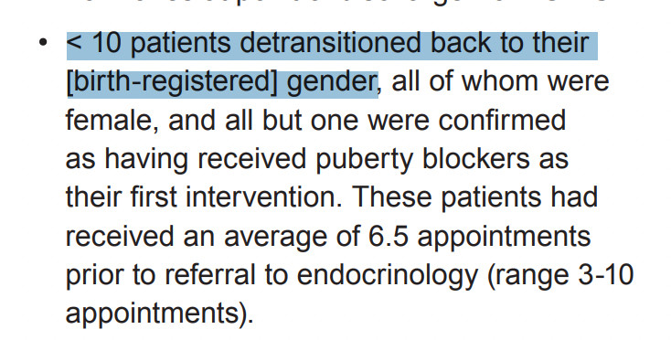 Fewer than 10 patients detransitioned back to their birth-registered gender