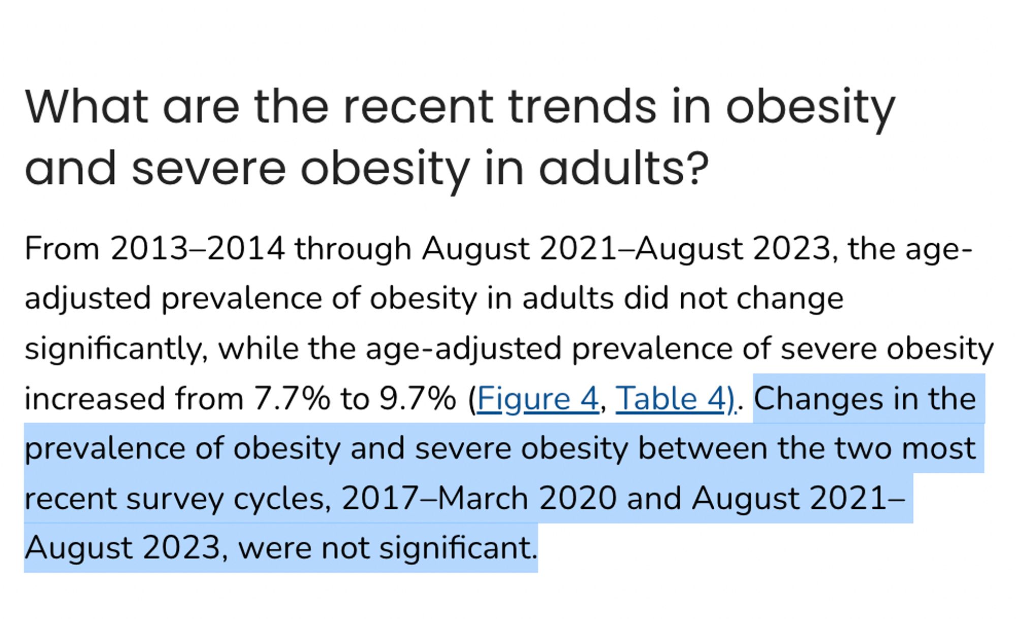 From 2013–2014 through August 2021–August 2023, the age-adjusted prevalence of obesity in adults did not change significantly, while the age-adjusted prevalence of severe obesity increased from 7.7% to 9.7% (Figure 4, Table 4). Changes in the prevalence of obesity and severe obesity between the two most recent survey cycles, 2017–March 2020 and August 2021–August 2023, were not significant.