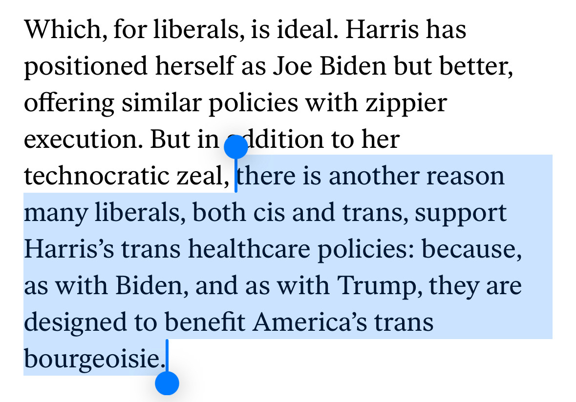 Which, for liberals, is ideal. Harris has positioned herself as Joe Biden but better, offering similar policies with zippier execution. But in ddition to her technocratic zeal, there is another reason many liberals, both cis and trans, support Harris's trans healthcare policies: because, as with Biden, and as with Trump, they are designed to benefit America's trans bourgeoisie.|