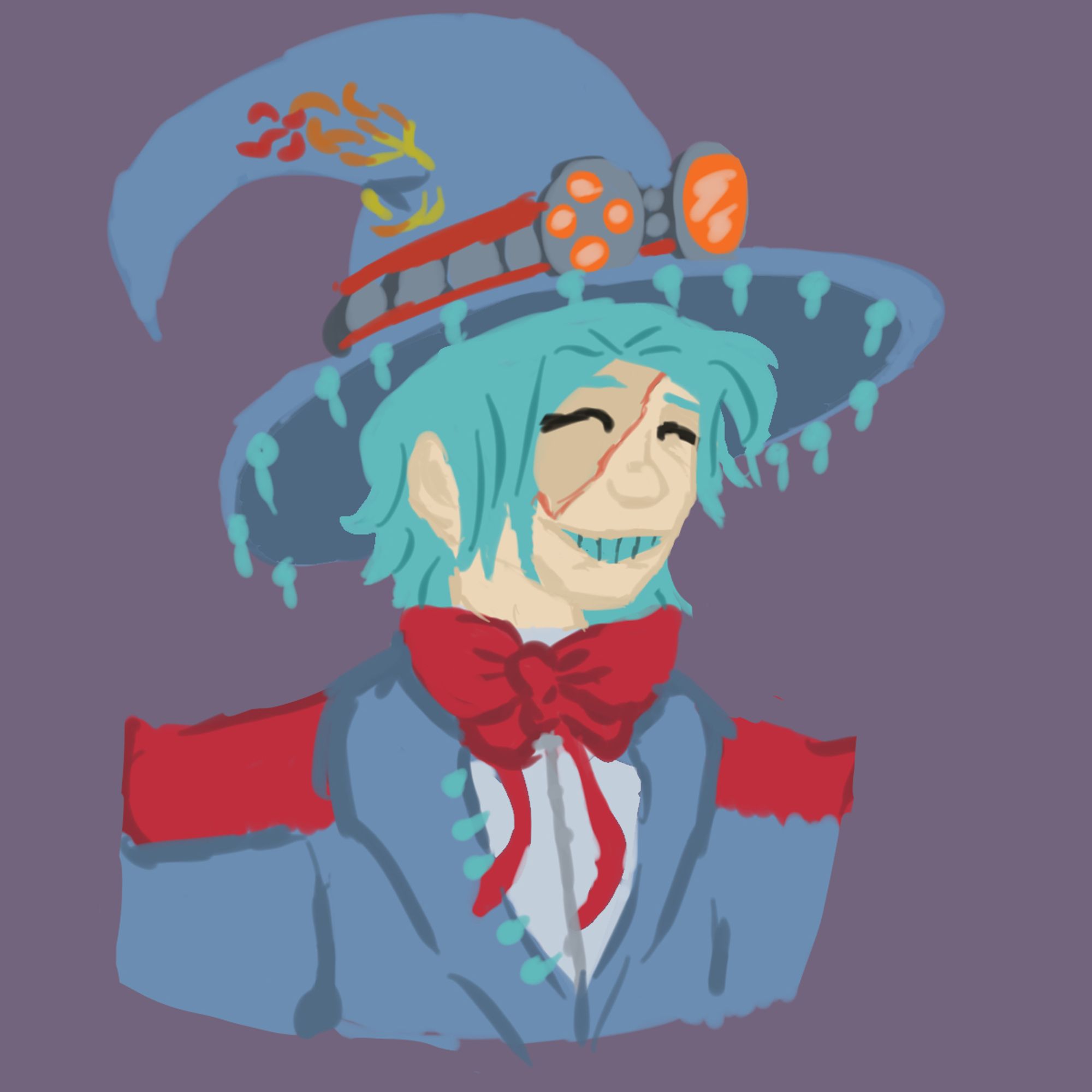 A wizard in a soft blue outfit with red accents on the shoulders and band on the floppy pointed hat with orange lensed goggles. He's got a big smile with his eyes closed and his teeth are a blue color. He has cyan hair that match the color of his teeth.