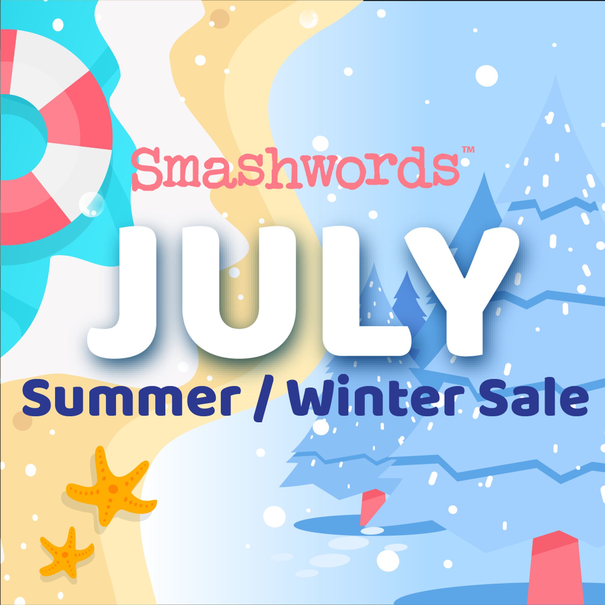 An illustrated beach-themed background with the words Smashwords July Summer/Winter Sale on top of it.