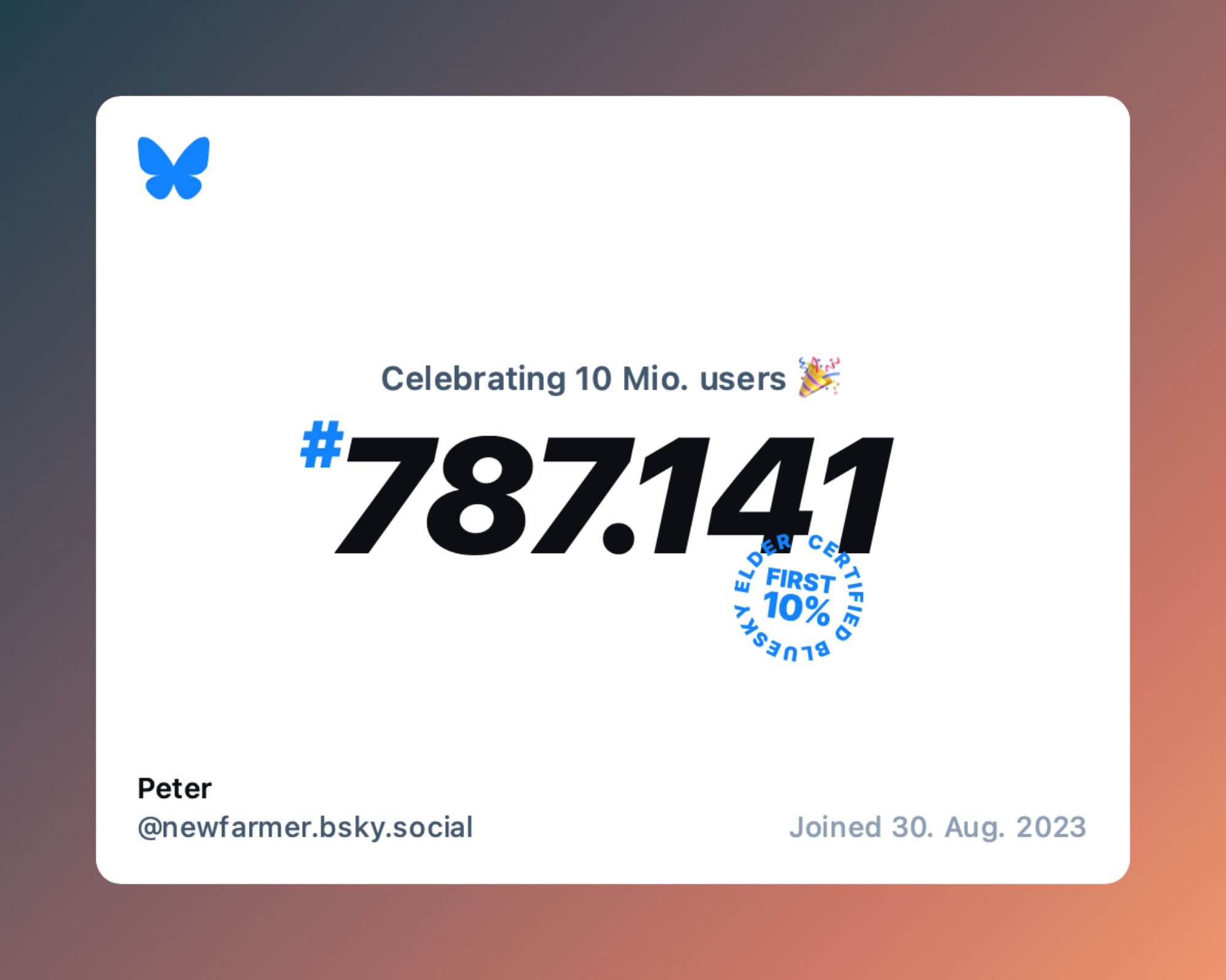 Man sieht den Text "Celebrating 10 Mio. users, #787.141 (first 10 %), joined 30. Aug. 2023"