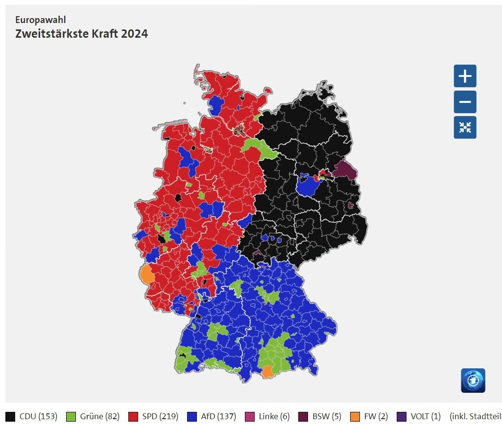 Grafik zweitstärkste Kraft. Das Land ist nahezu dreigeteilt Nord-Osten SPD, Osten Union, Süden AfD