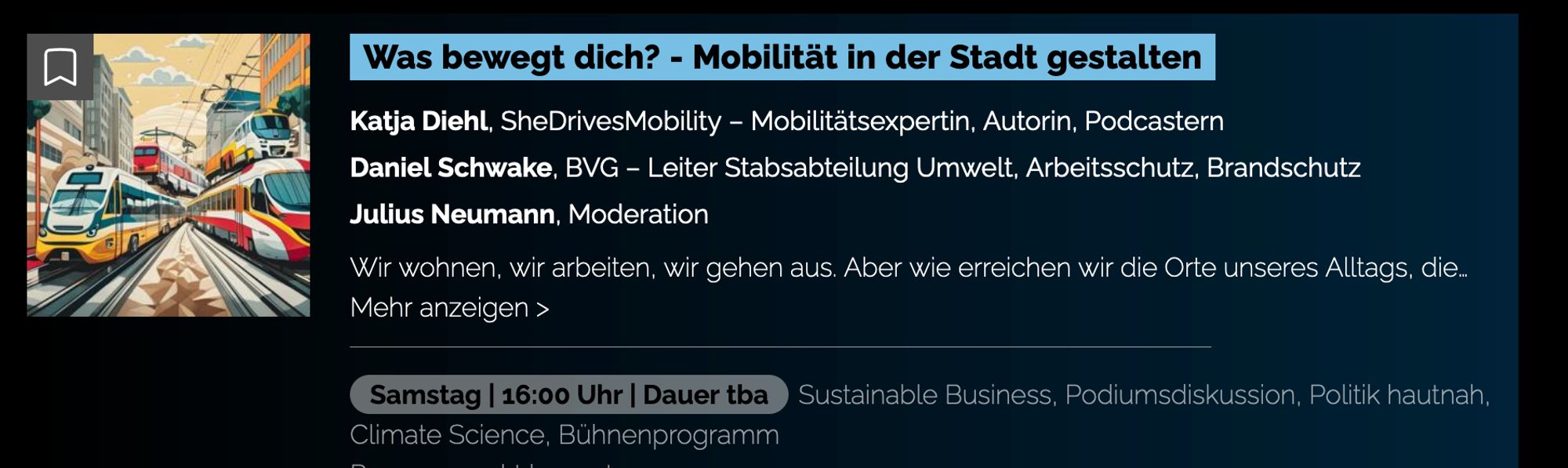 Programm Punkt Bild

Was

bewegt

dich?

-

Mobilität

in

der

Stadt

gestalten

Katja Diehl, SheDrivesMobility – Mobilitätsexpertin, Autorin, Podcastern

Daniel Schwake, BVG – Leiter Stabsabteilung Umwelt, Arbeitsschutz, Brandschutz

Julius Neumann, Moderation

Wir wohnen, wir arbeiten, wir gehen aus. Aber wie erreichen wir die Orte unseres Alltags, die teilweise sehr weit voneinander entfernt liegen? Und das zuverlässig, sicher und auch ohne Führerschein oder viel Geld? Kaum ein Thema sorgt für mehr Diskussion: Die blöden Autos, die rücksichtslosen Fahrräder und die unvorsichtigen Fußgänger. Aber gibt es nicht Wege, wie wir Städte so gestalten können, dass alle entspannt von A nach B und wieder zurück kommen? Das wollen wir mit unseren Speakern in diesem Panel diskutieren und dabei auch eure Meinung hören: Was stört euch, wenn ihr unterwegs seid? Was wünscht ihr euch für die Mobilität in eurer Stadt?