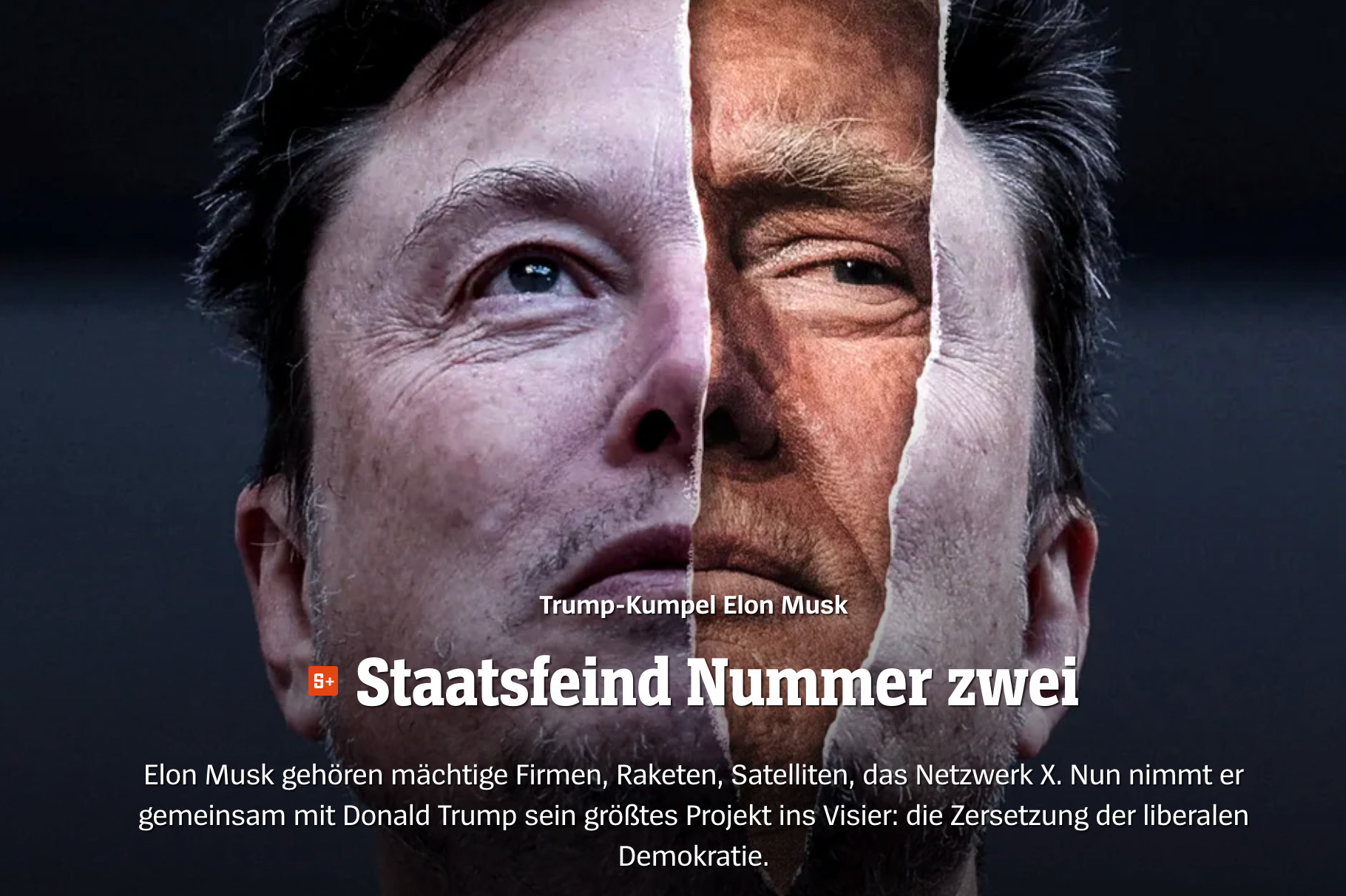 Screenshot aus dem digitalen Spiegel. Ein Porträt von Elon Musk, das auf der linken Gesichtshälfte aufreißt und Donald Trump zeigt.